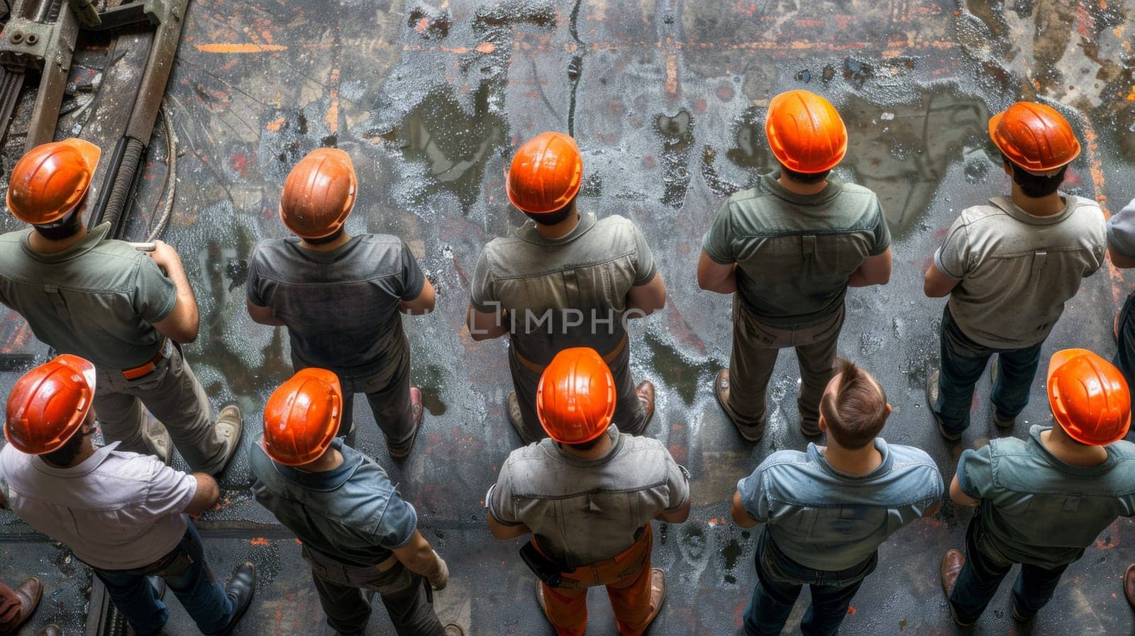 A group of men wearing orange hard hats stand in a line, AI by starush