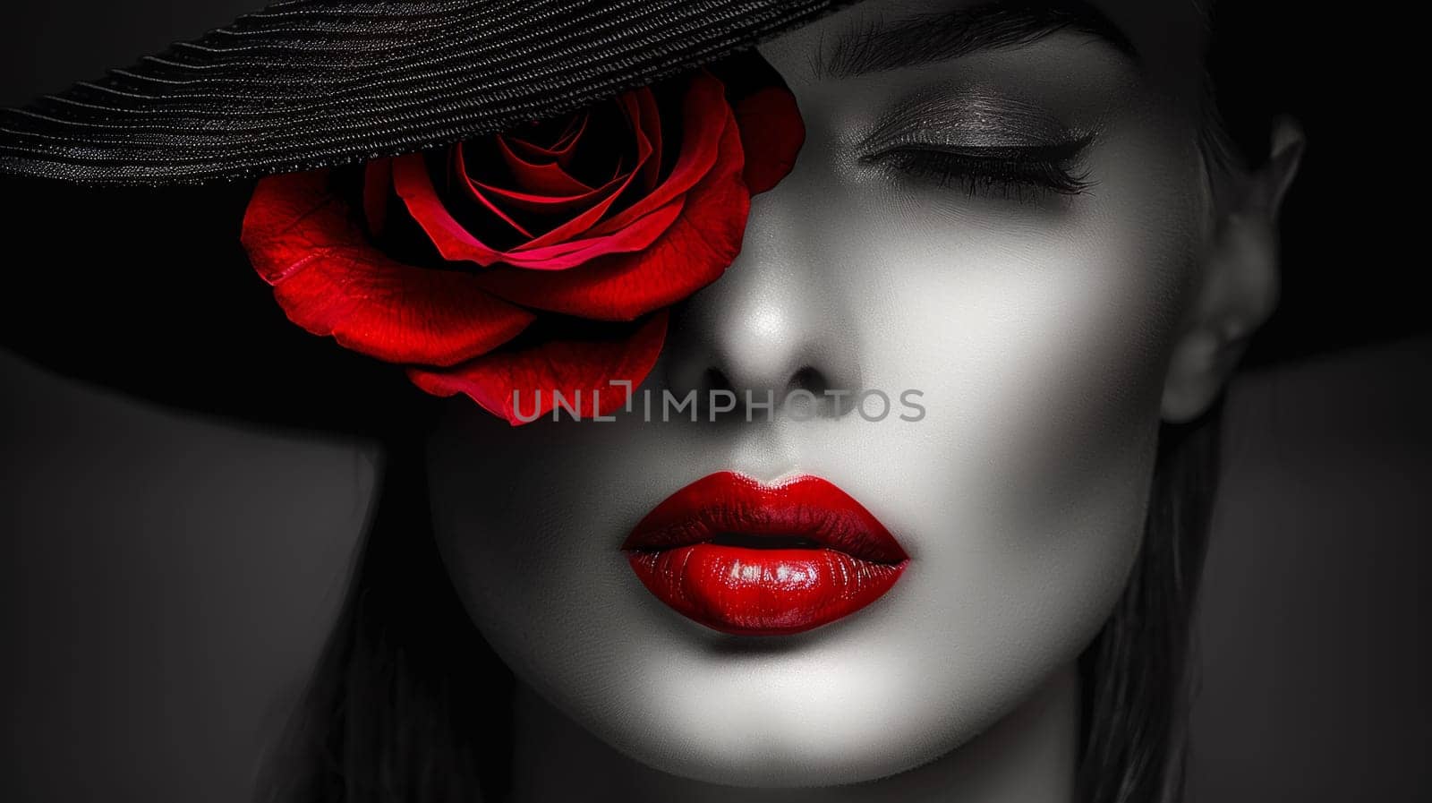 A woman with a hat and red rose on her face