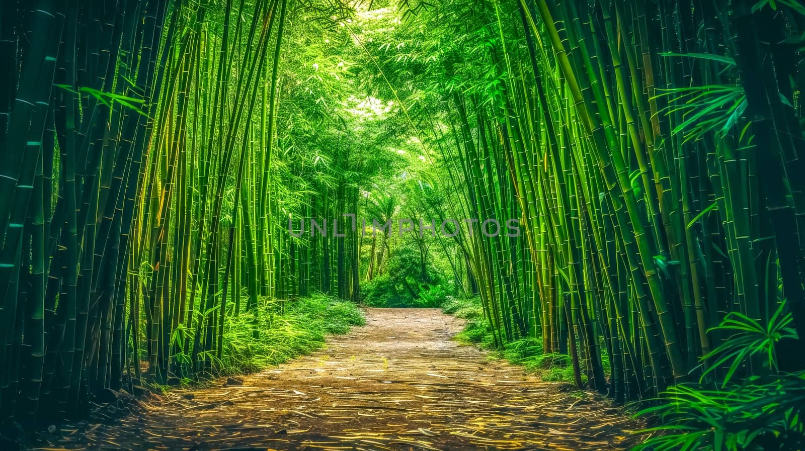 Tranquil and mystical enchanted bamboo forest pathway in a tropical jungle with lush foliage and vibrant greenery, perfect for eco-tourism, adventure walking, zen meditation, and outdoor exploration