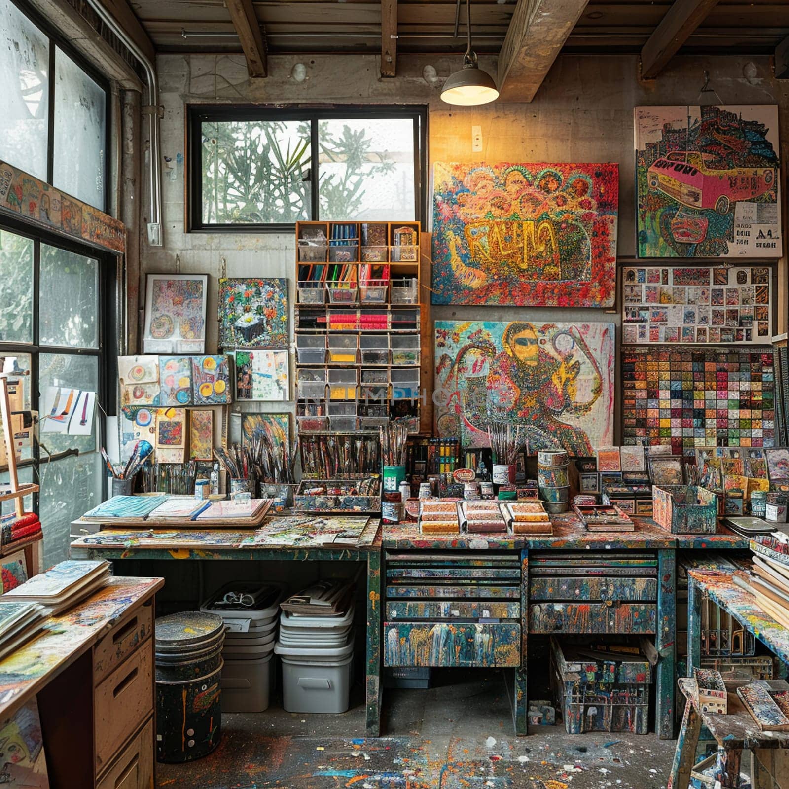 Eclectic artists studio with vibrant artwork and a variety of materialsup32K HD by Benzoix