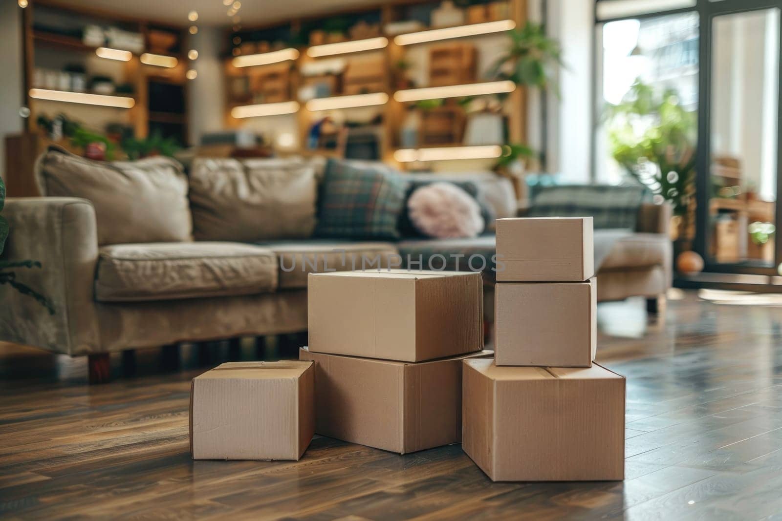 A stack of cardboard boxes is sitting on a wooden floor in a living room. The boxes are of different sizes and are arranged in a neat pile. The room has a cozy and welcoming atmosphere, with a couch