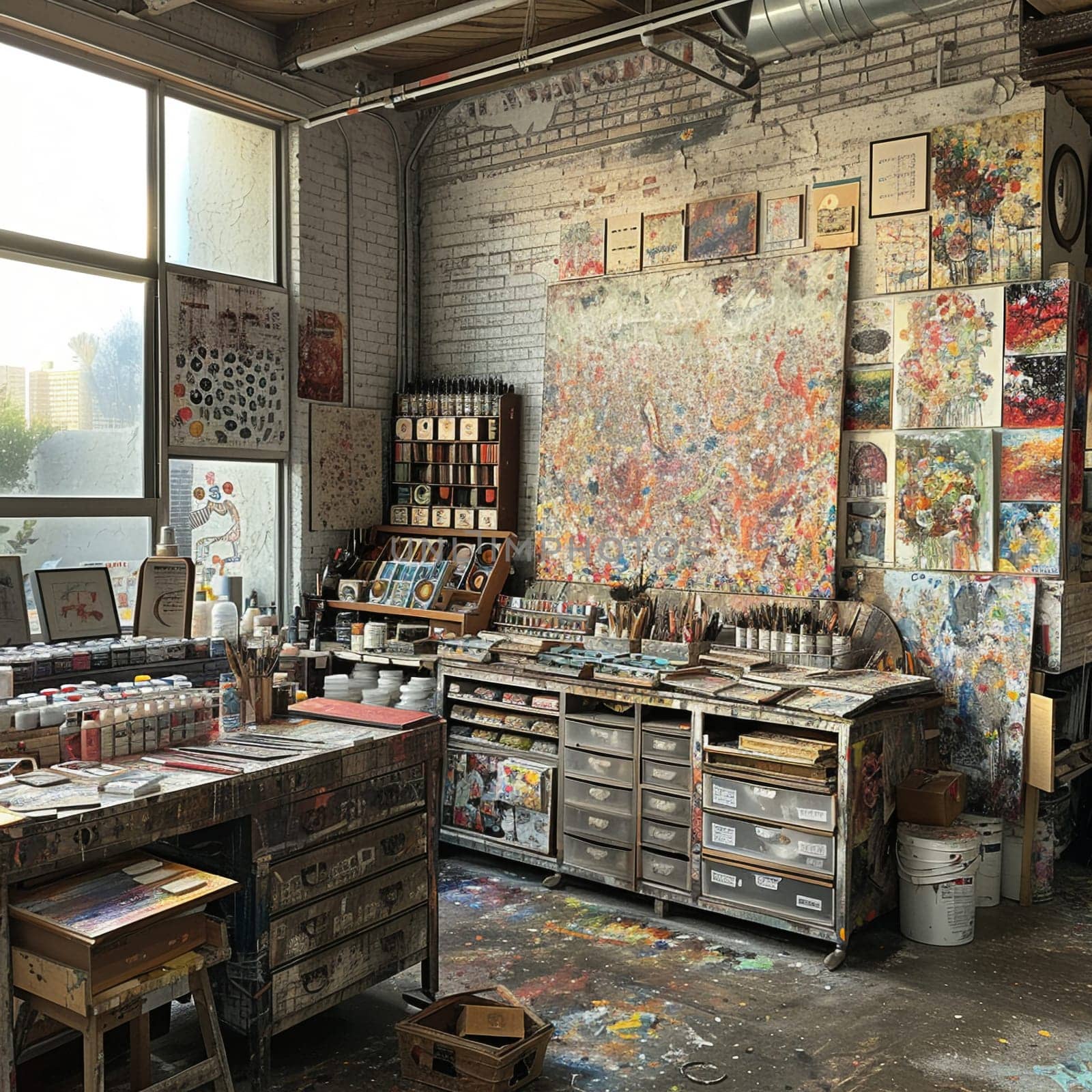 Eclectic artist's studio with vibrant artwork and a variety of materialsup32K HD