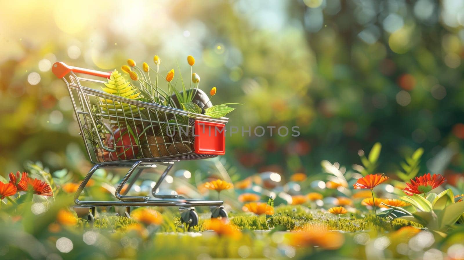 A shopping cart filled with flowers and plants in a field, AI by starush