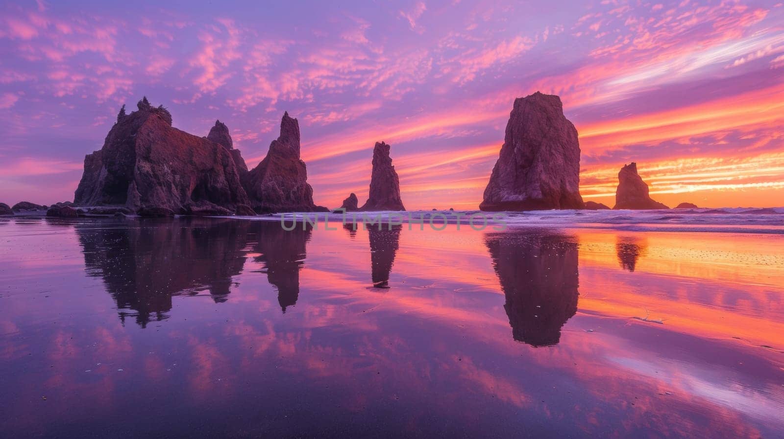 A sunset over the ocean with some rock formations in it