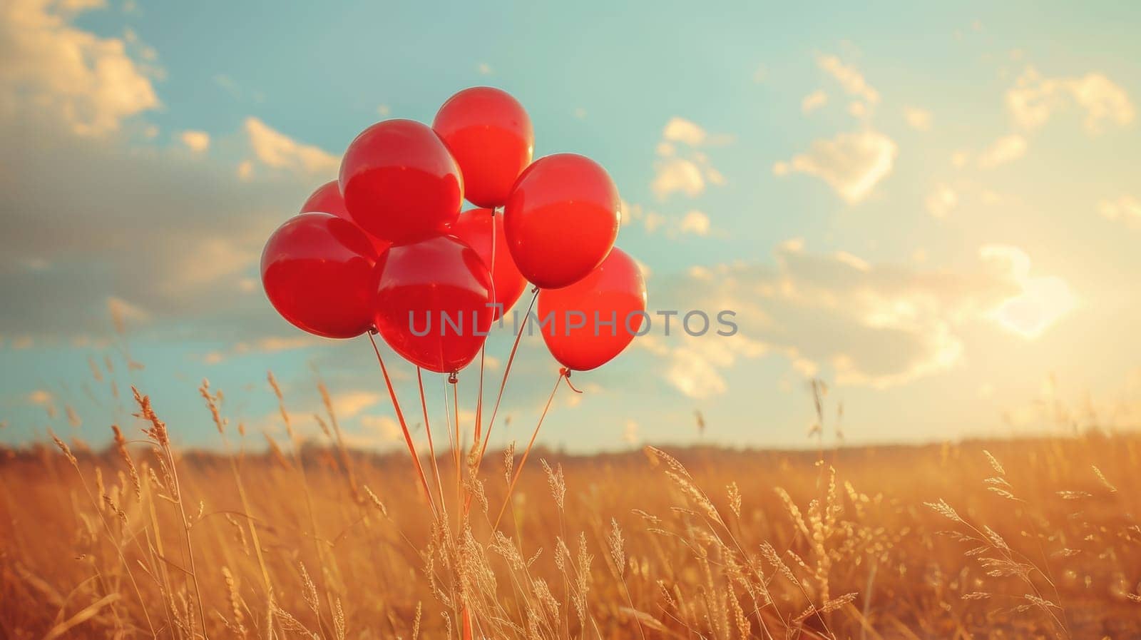 A bunch of red balloons are floating in a field