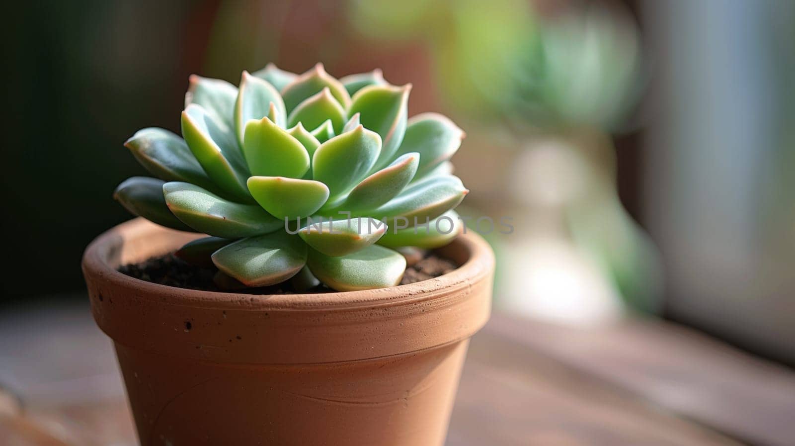 A small plant in a pot on top of wooden table, AI by starush