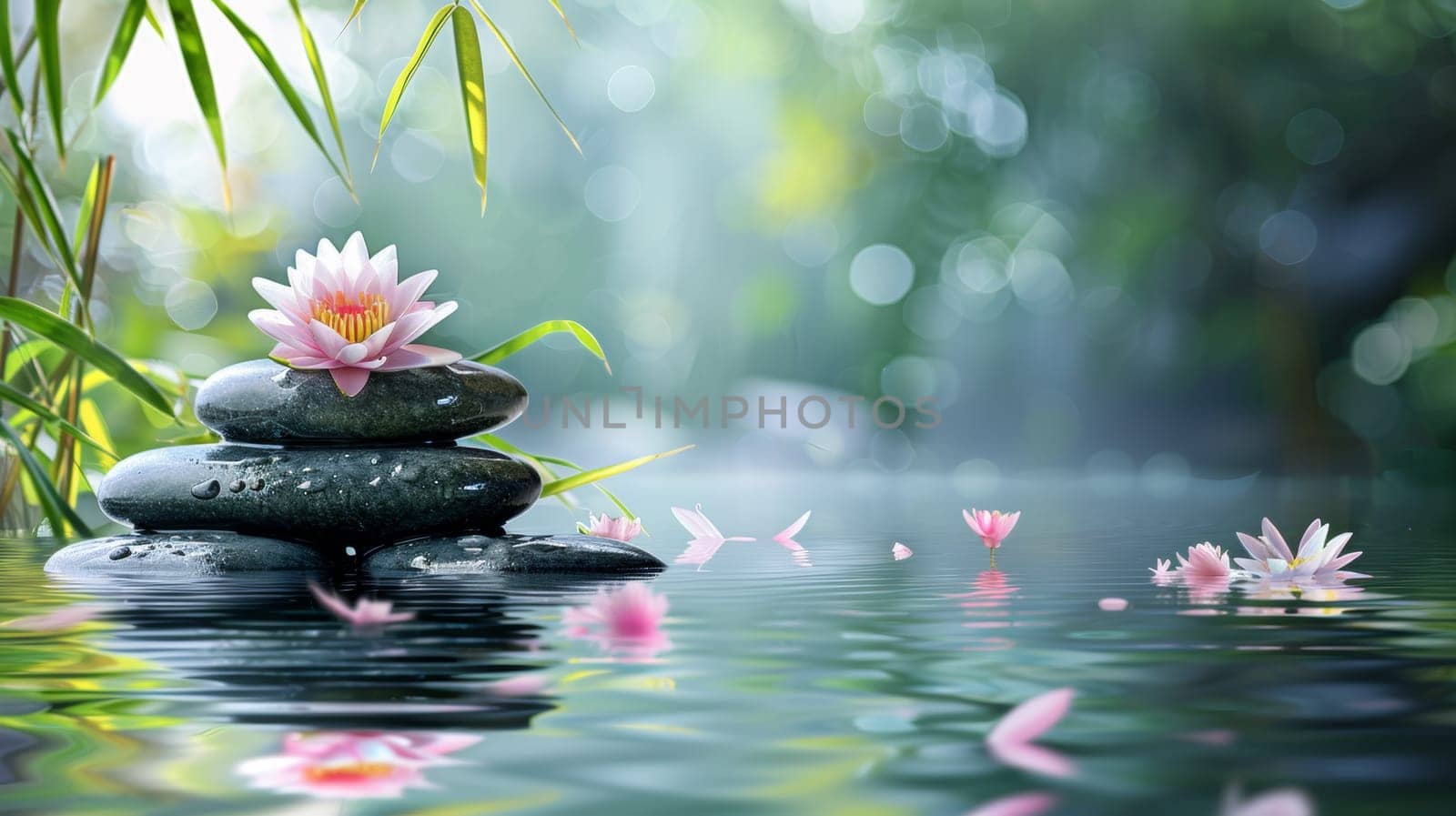 A picture of a rock stack with pink flowers in the water, AI by starush