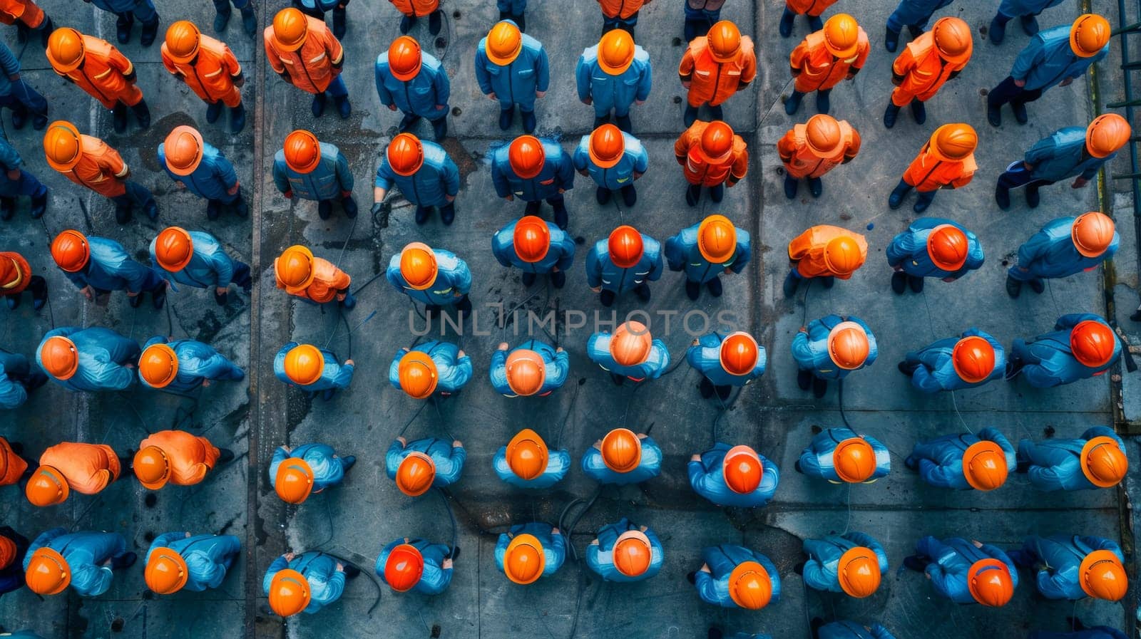 A group of people wearing orange hard hats are standing in a line