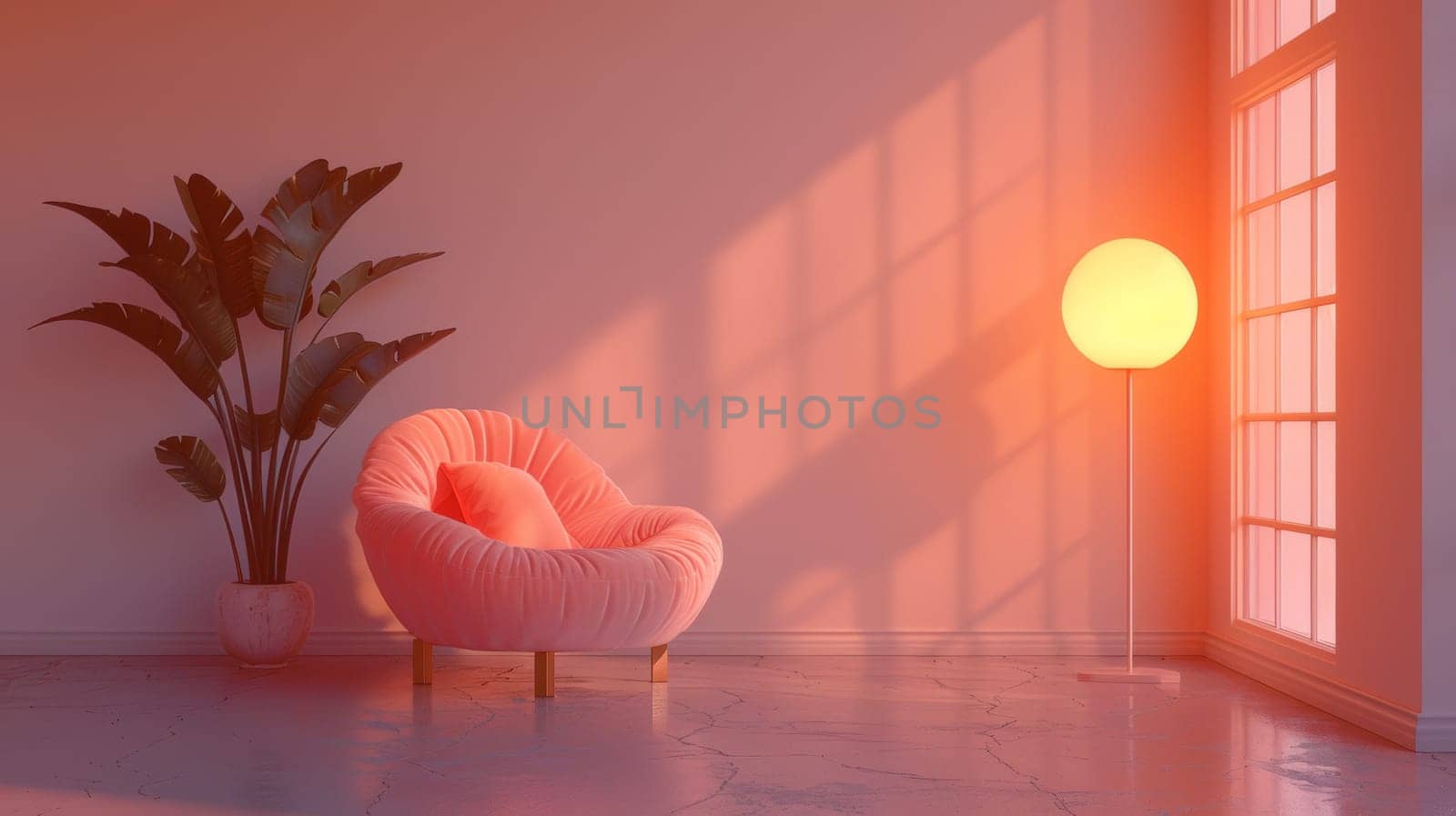 A pink chair sitting in a room with bright light coming from the window