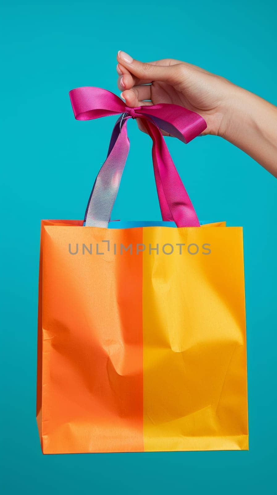 A hand holding a colorful paper bag with pink ribbon