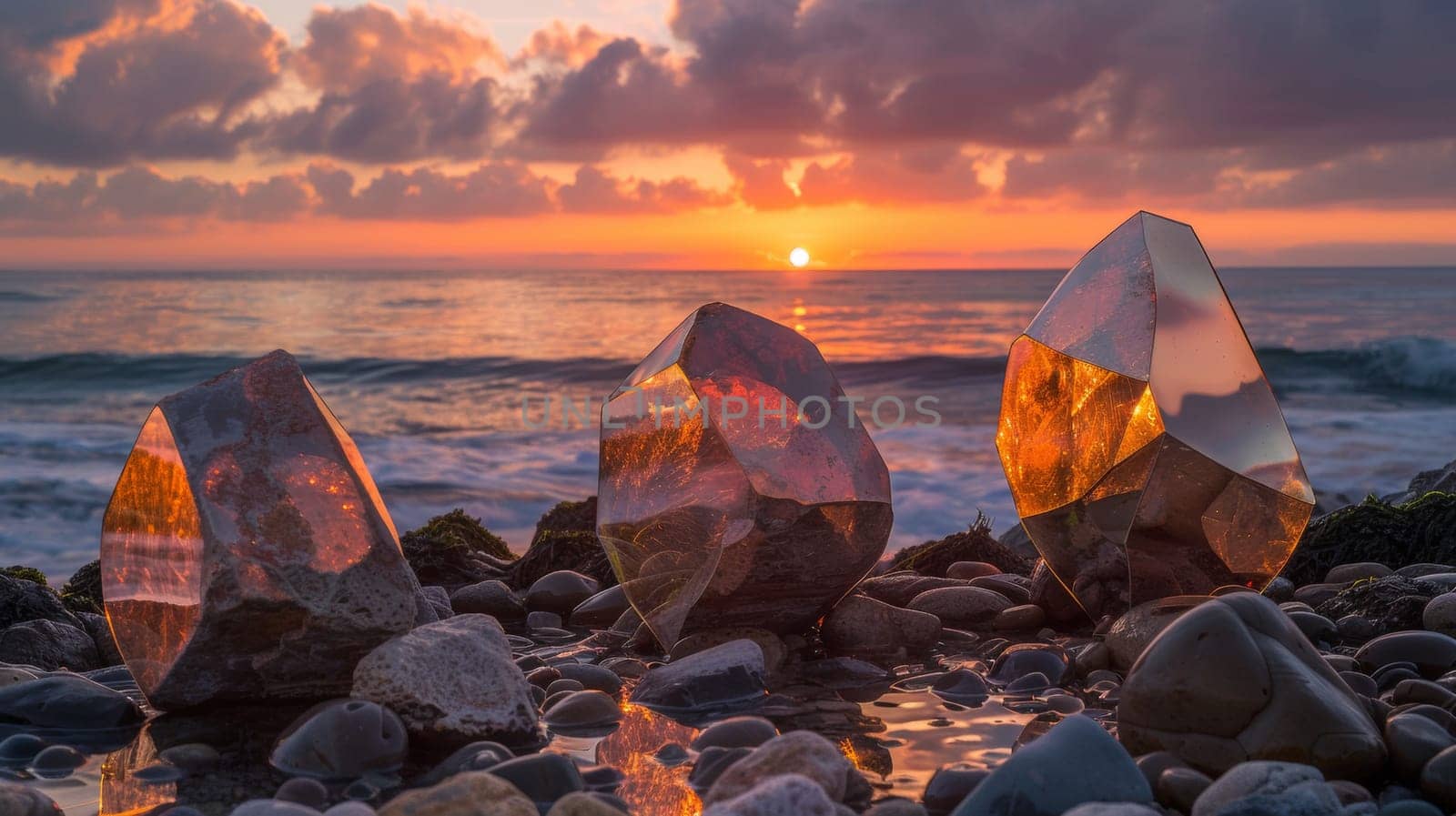 Three large rocks sitting on a beach next to the ocean, AI by starush