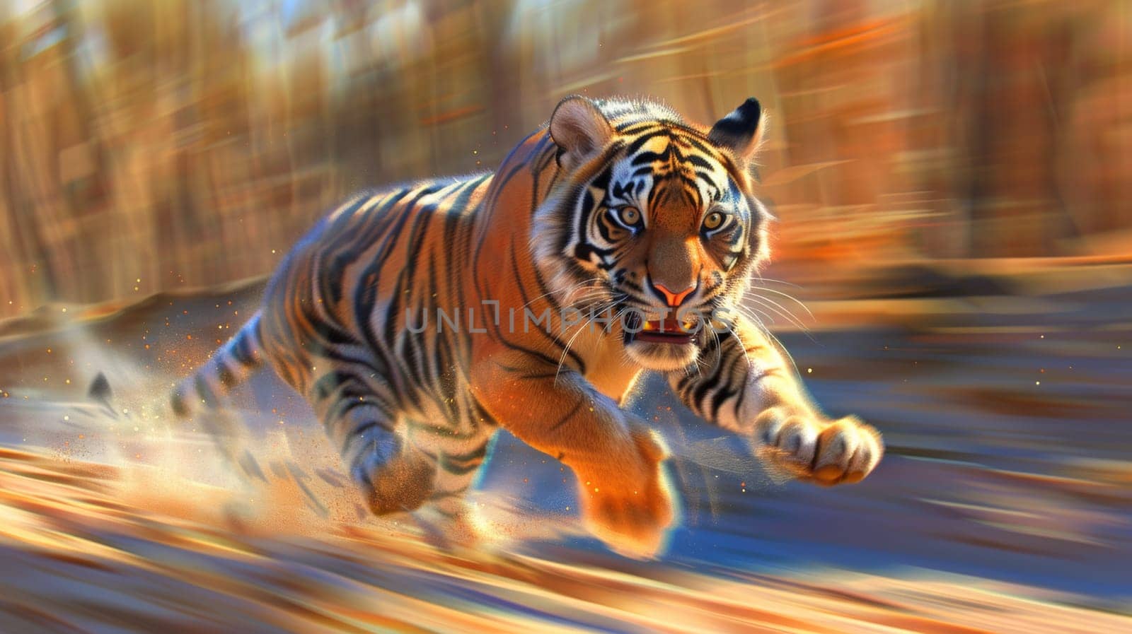 A tiger running on a dirt road in an artistic painting, AI by starush
