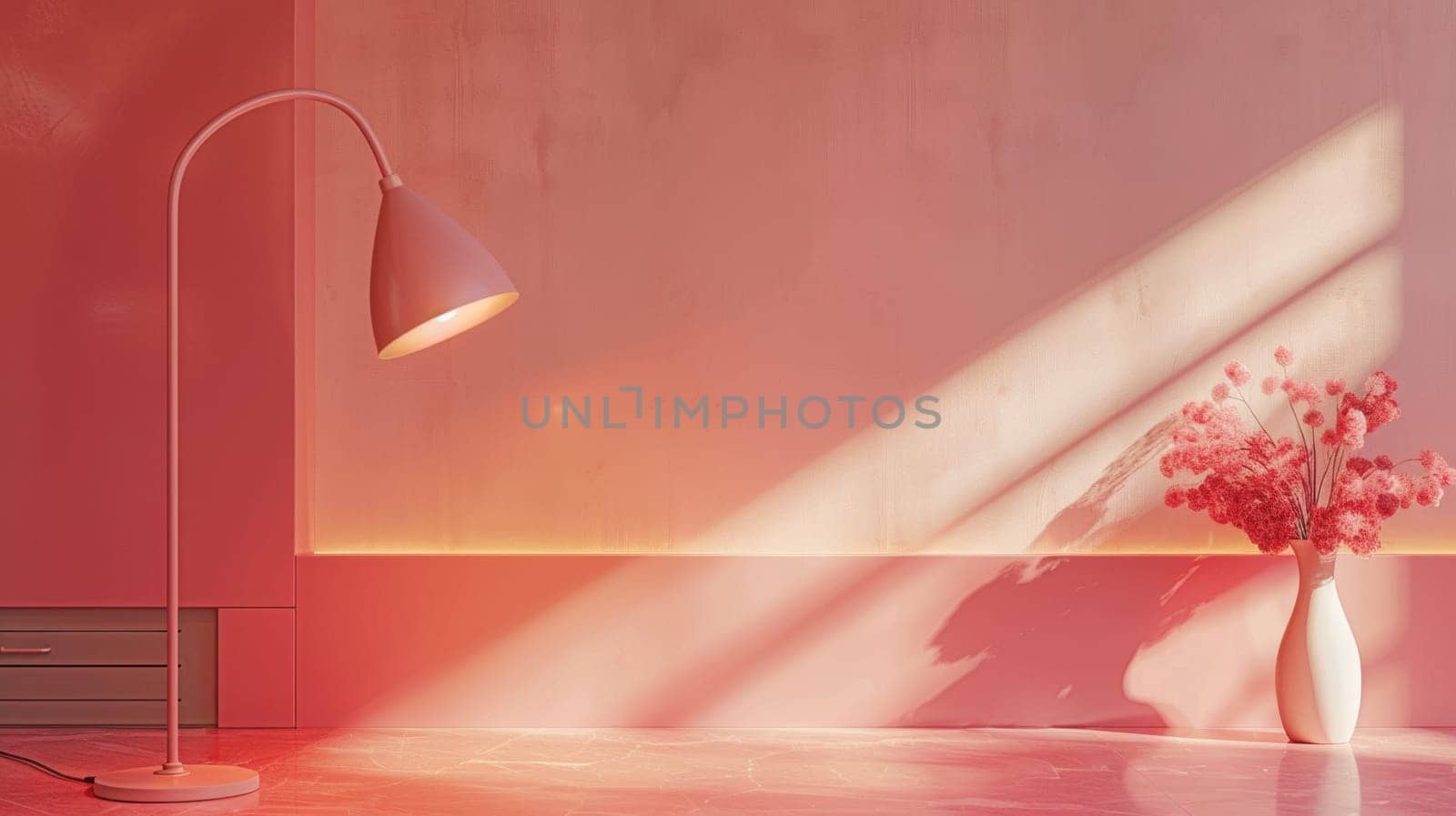 A lamp in a room with pink walls and flowers
