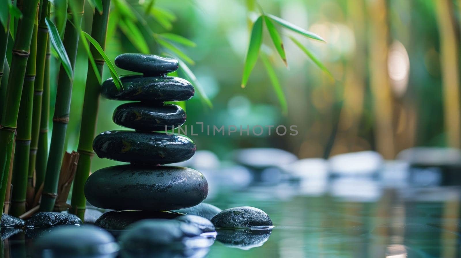 A stack of rocks sitting next to a bamboo tree