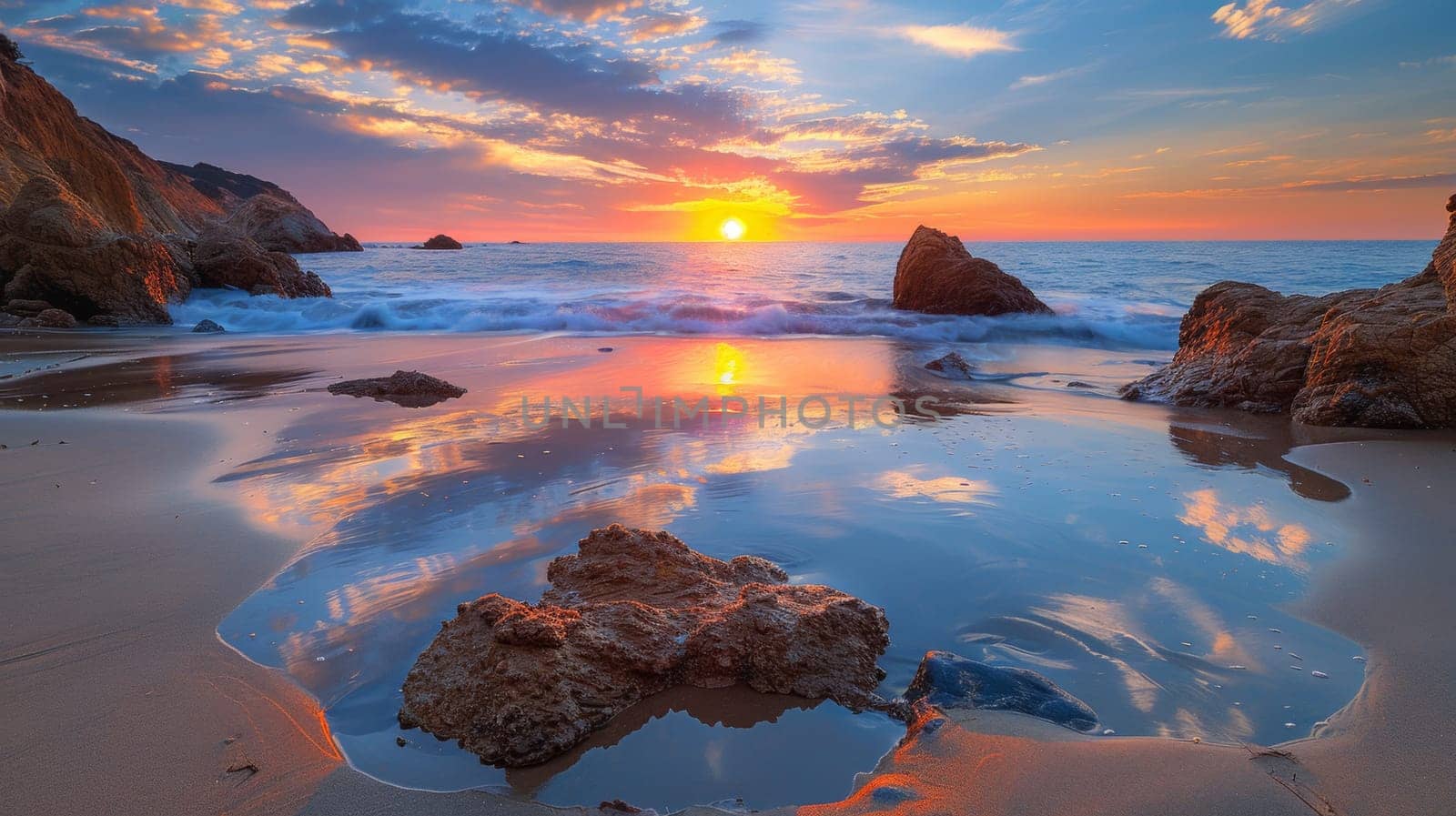 A sunset over a beach with rocks and water