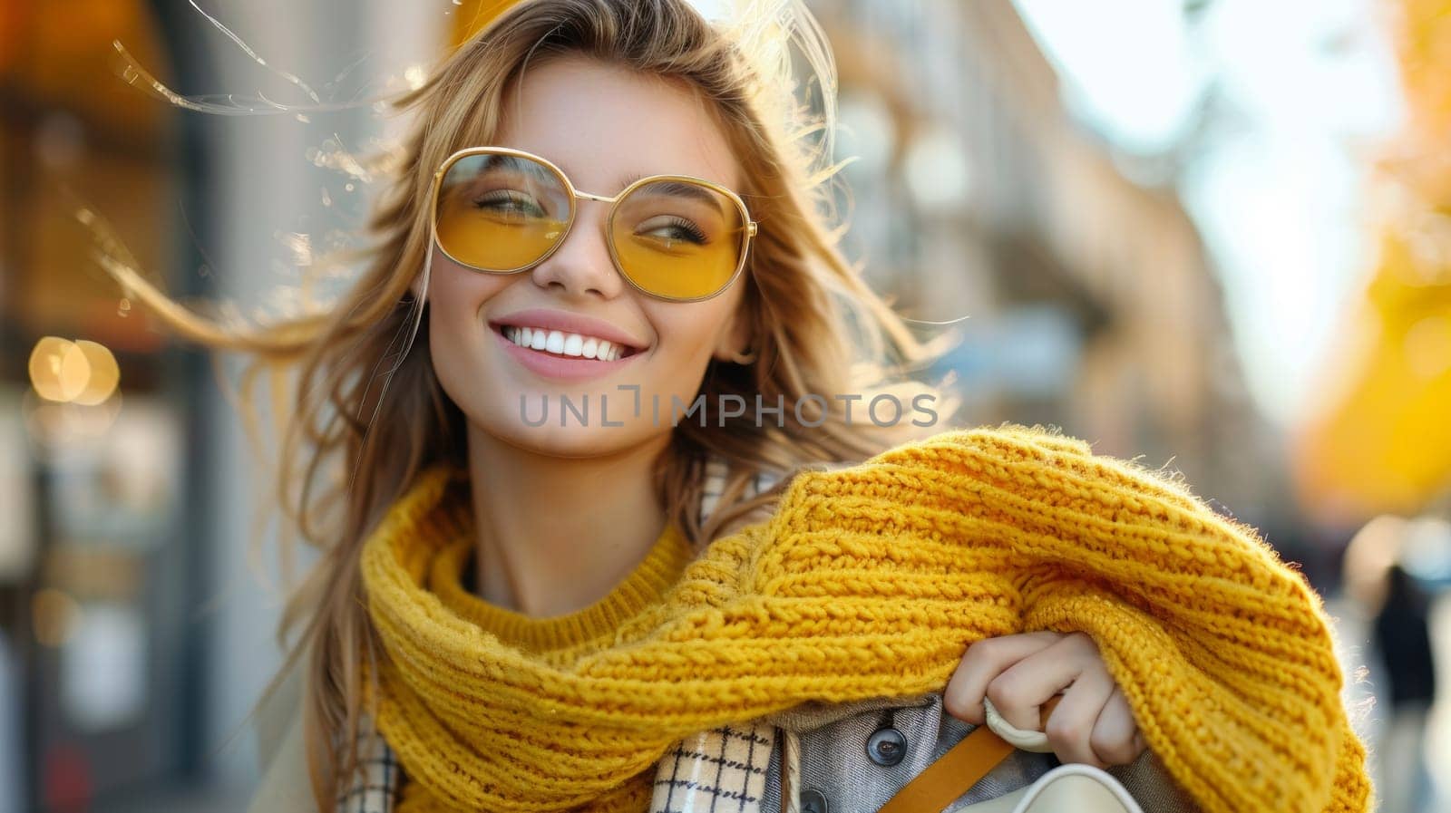 A woman in yellow scarf and sunglasses holding a white bag