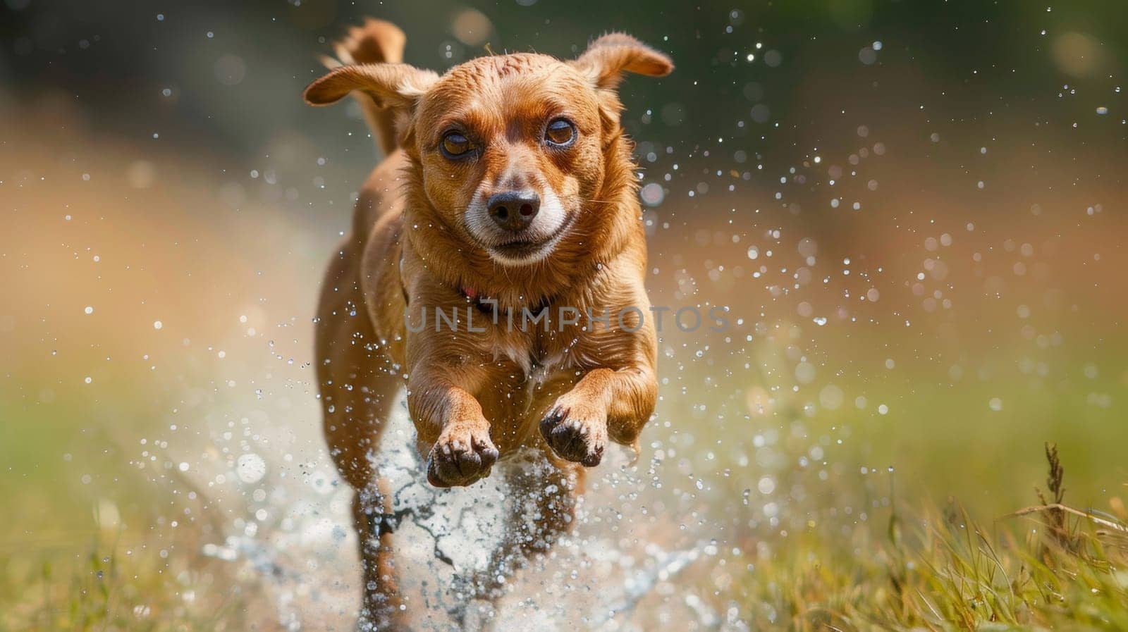 A brown dog running through a field of grass and water, AI by starush