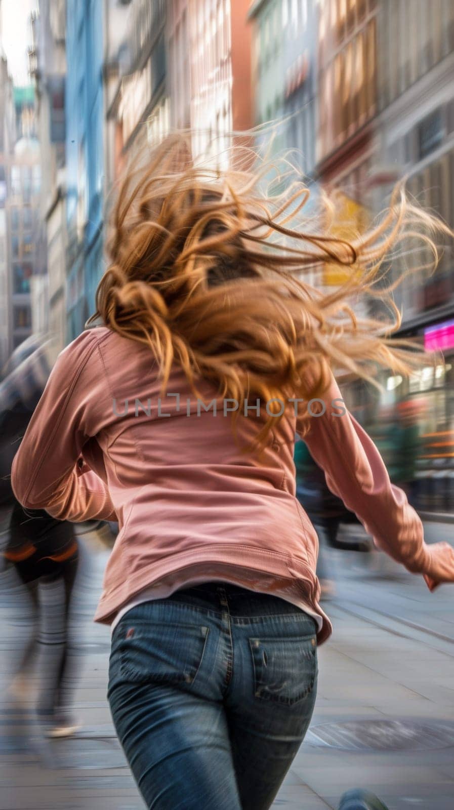 A woman running down a city street with her hair blowing in the wind