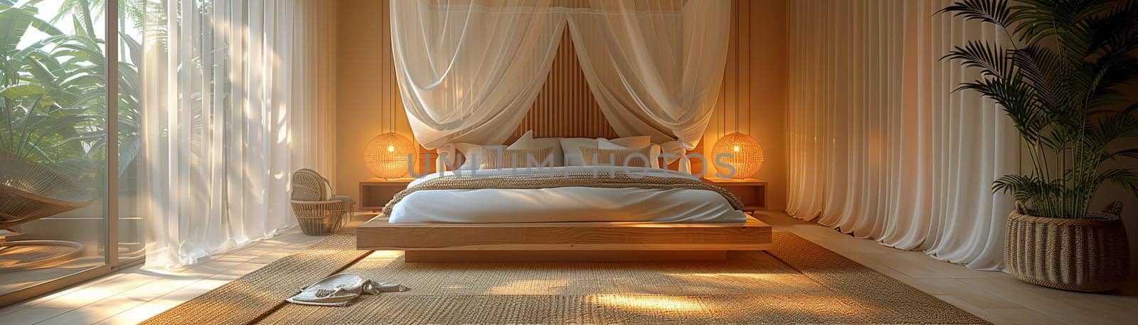 Romantic bedroom with soft lighting sheer curtains by Benzoix