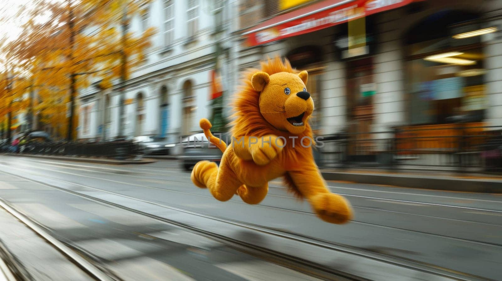 A stuffed lion running down a street on the side of buildings