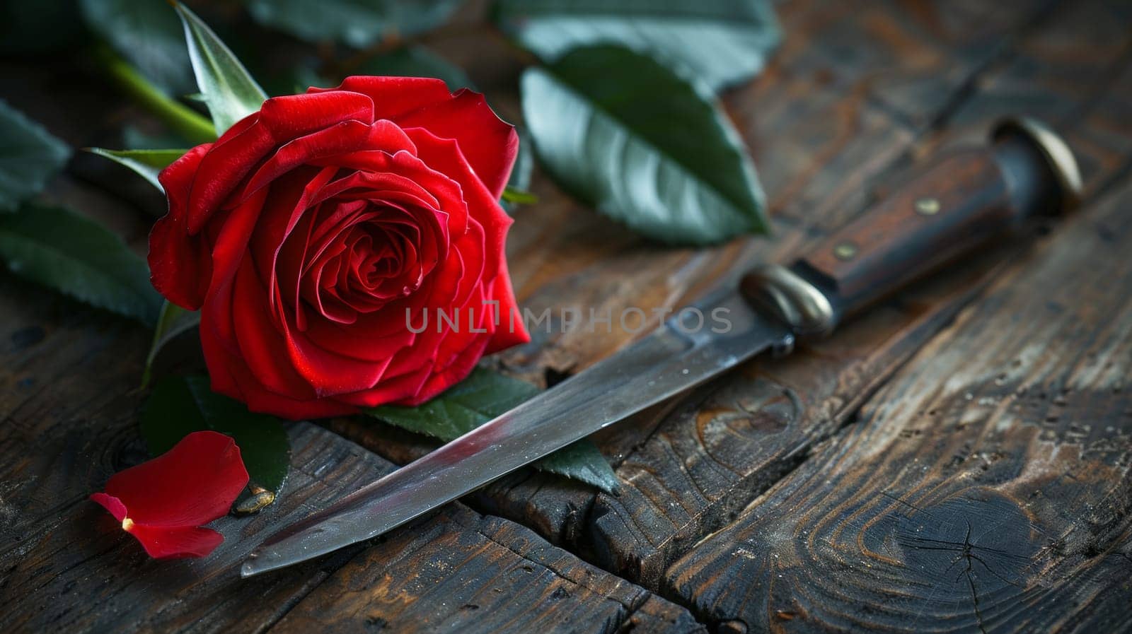 A knife and a red rose on the table with leaves, AI by starush
