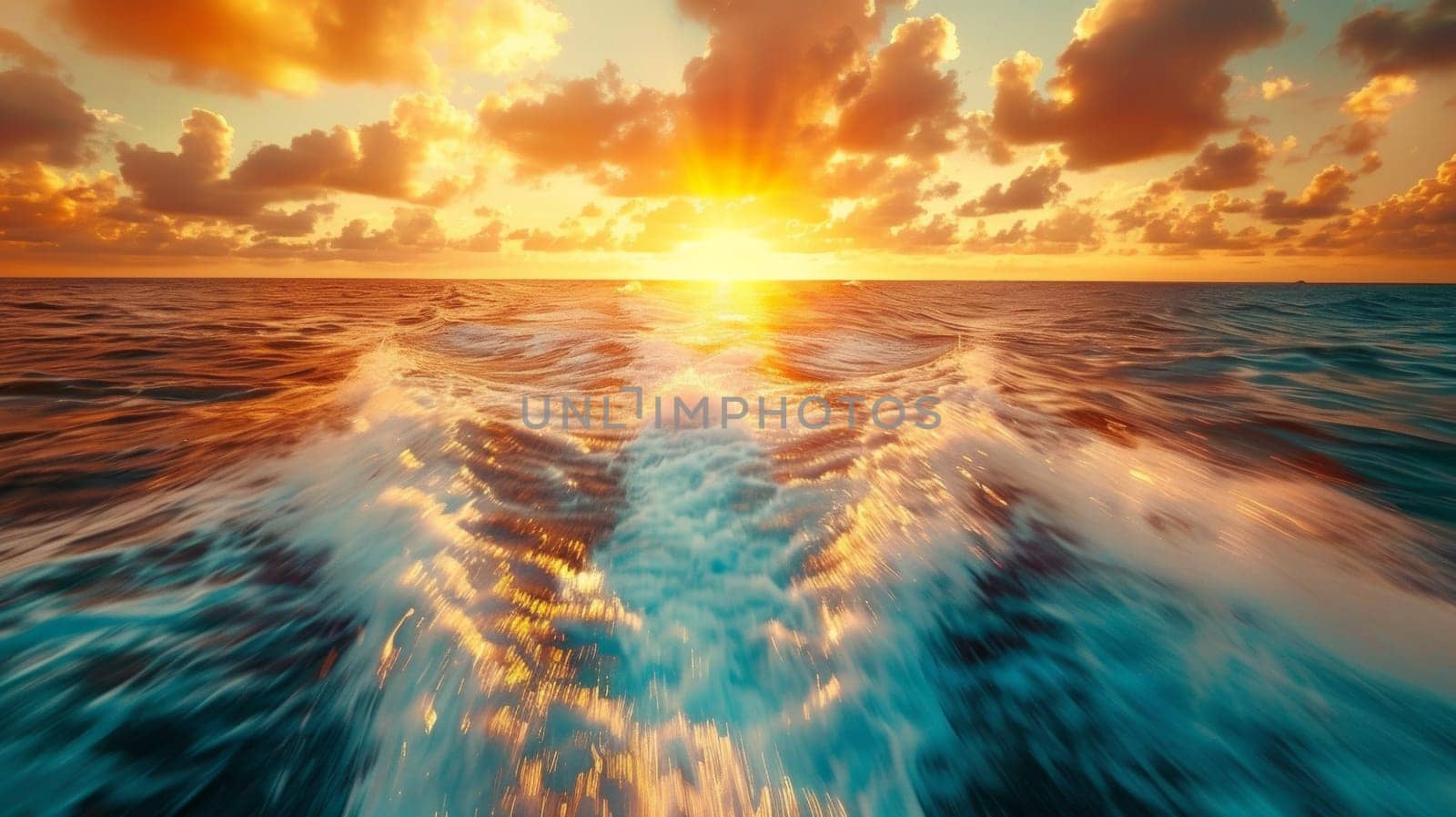 The sun is setting over the ocean as a boat moves through it, AI by starush