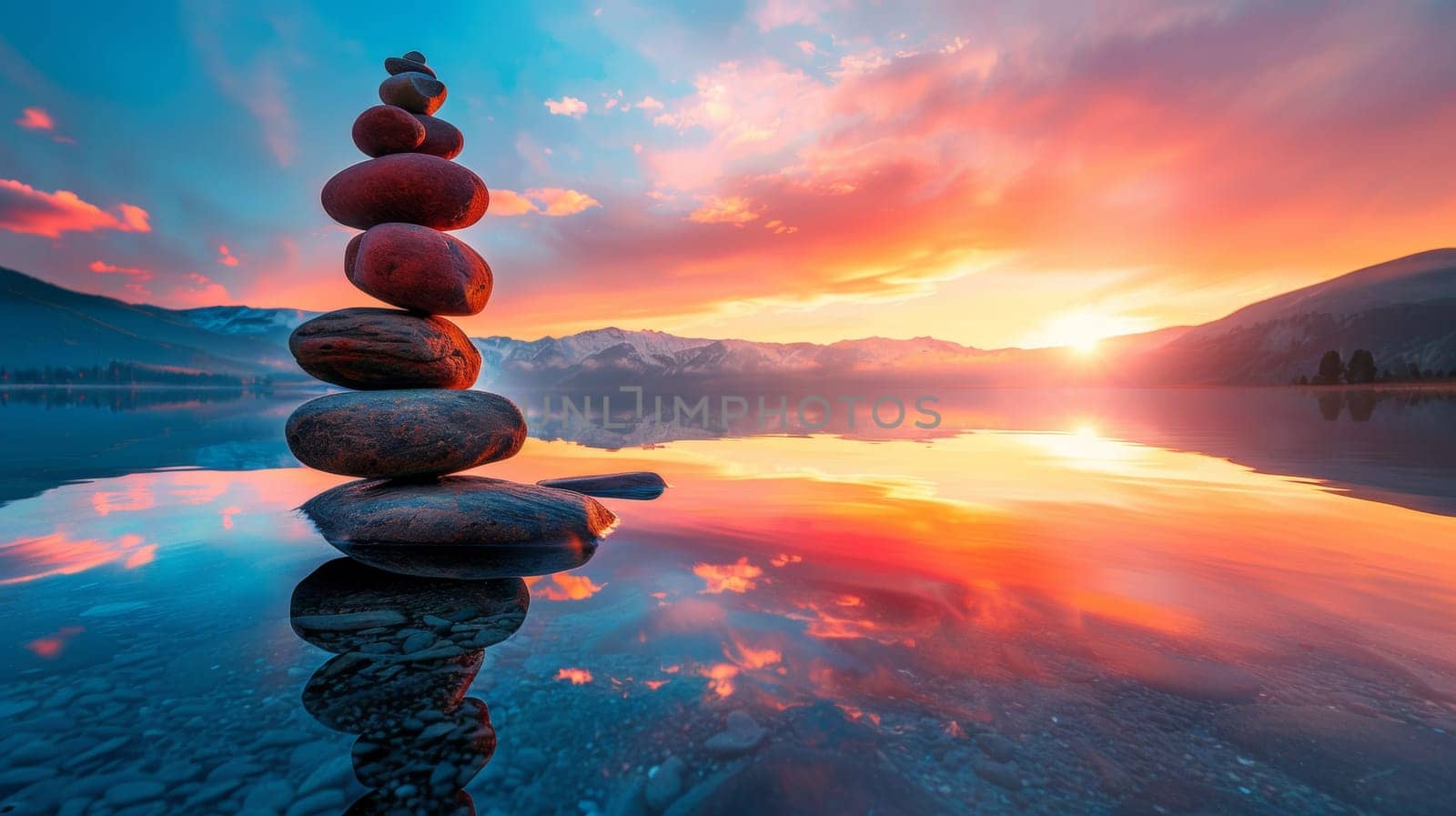 A stack of rocks on a lake shore at sunset