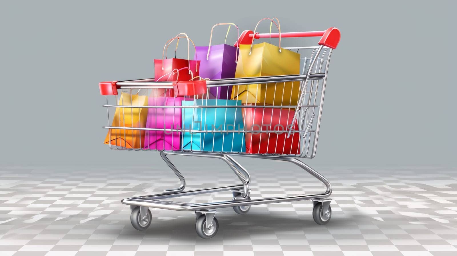 A shopping cart filled with colorful bags on a checkered floor