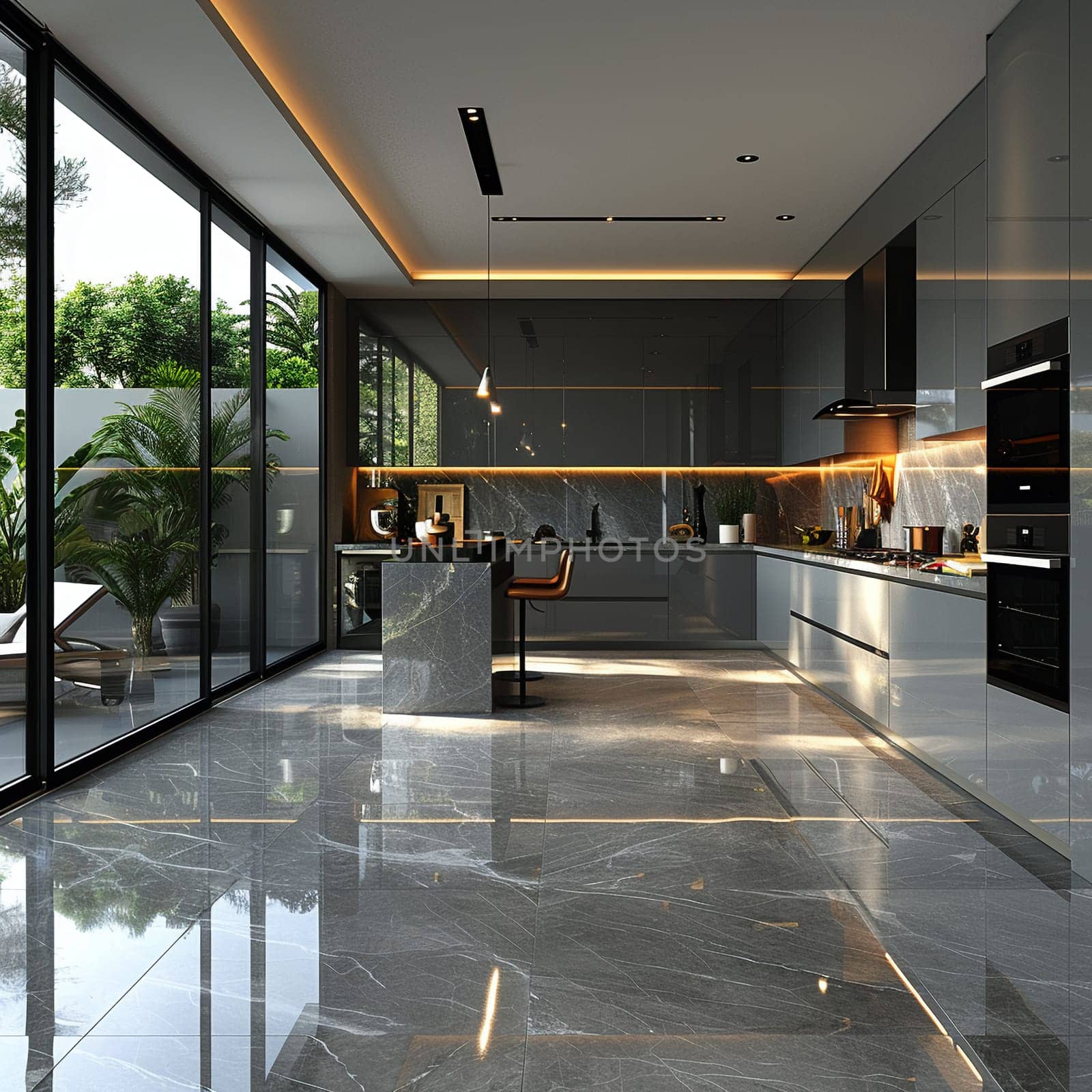 Ultra-modern kitchen with smart appliances and sleek, reflective surfacessuper detailed