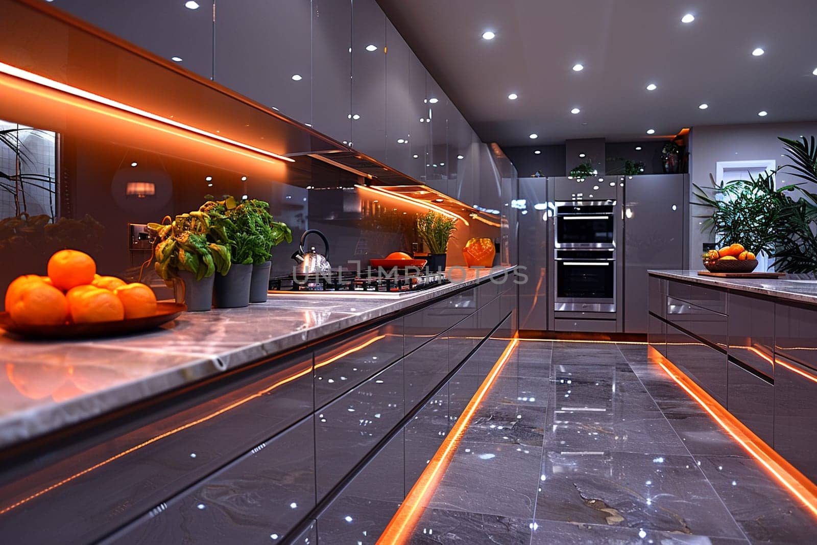 Ultra-modern kitchen with smart appliances and sleek, reflective surfacessuper detailed