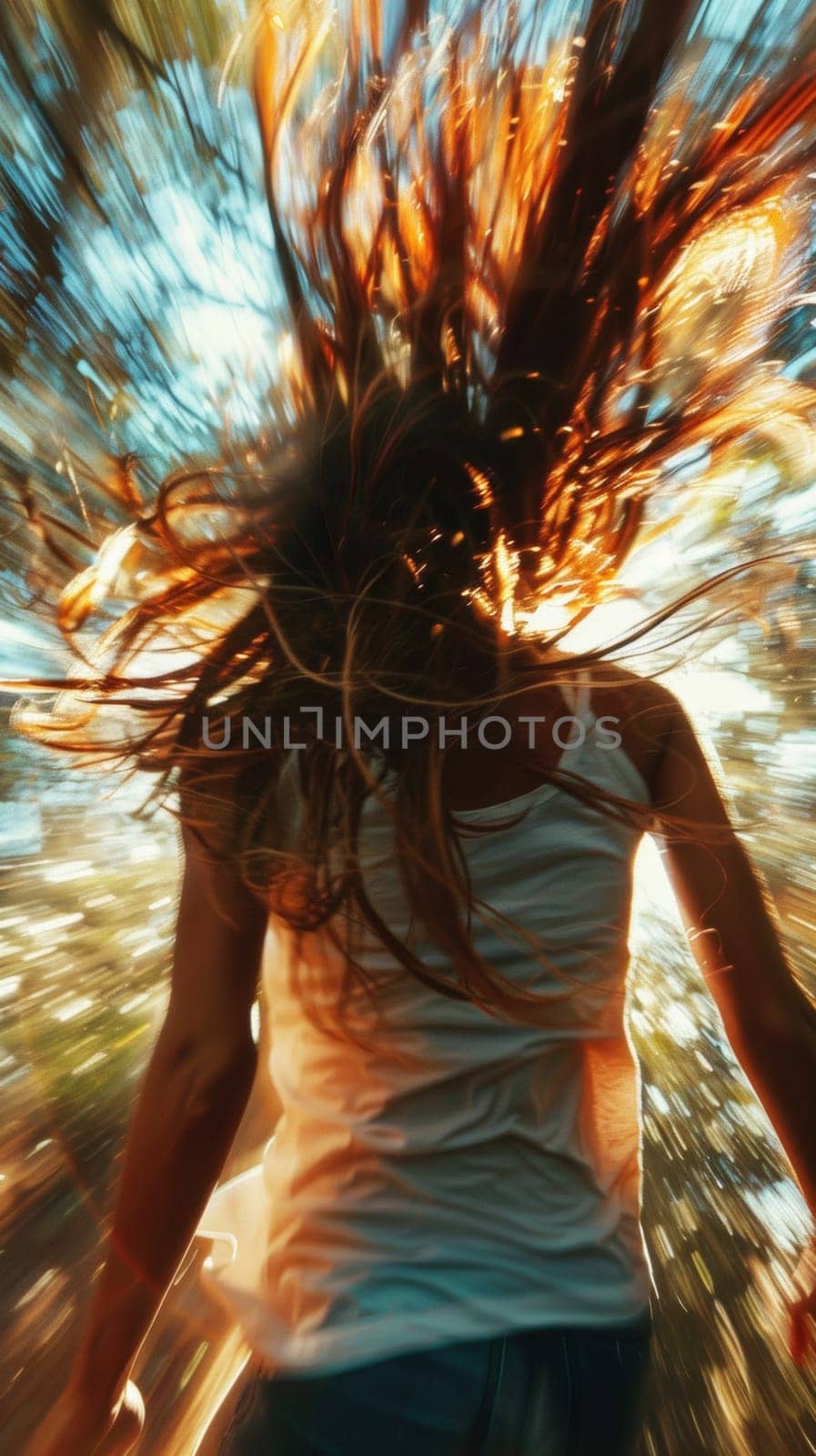 A woman with long hair running through a forest