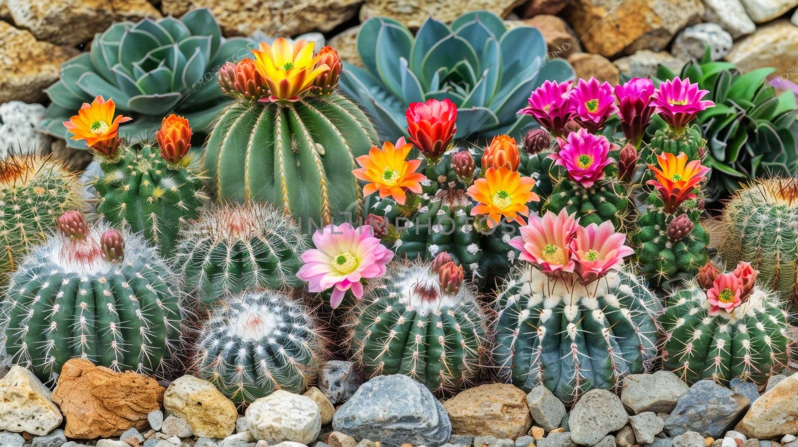 A bunch of cactus plants are sitting on top of rocks