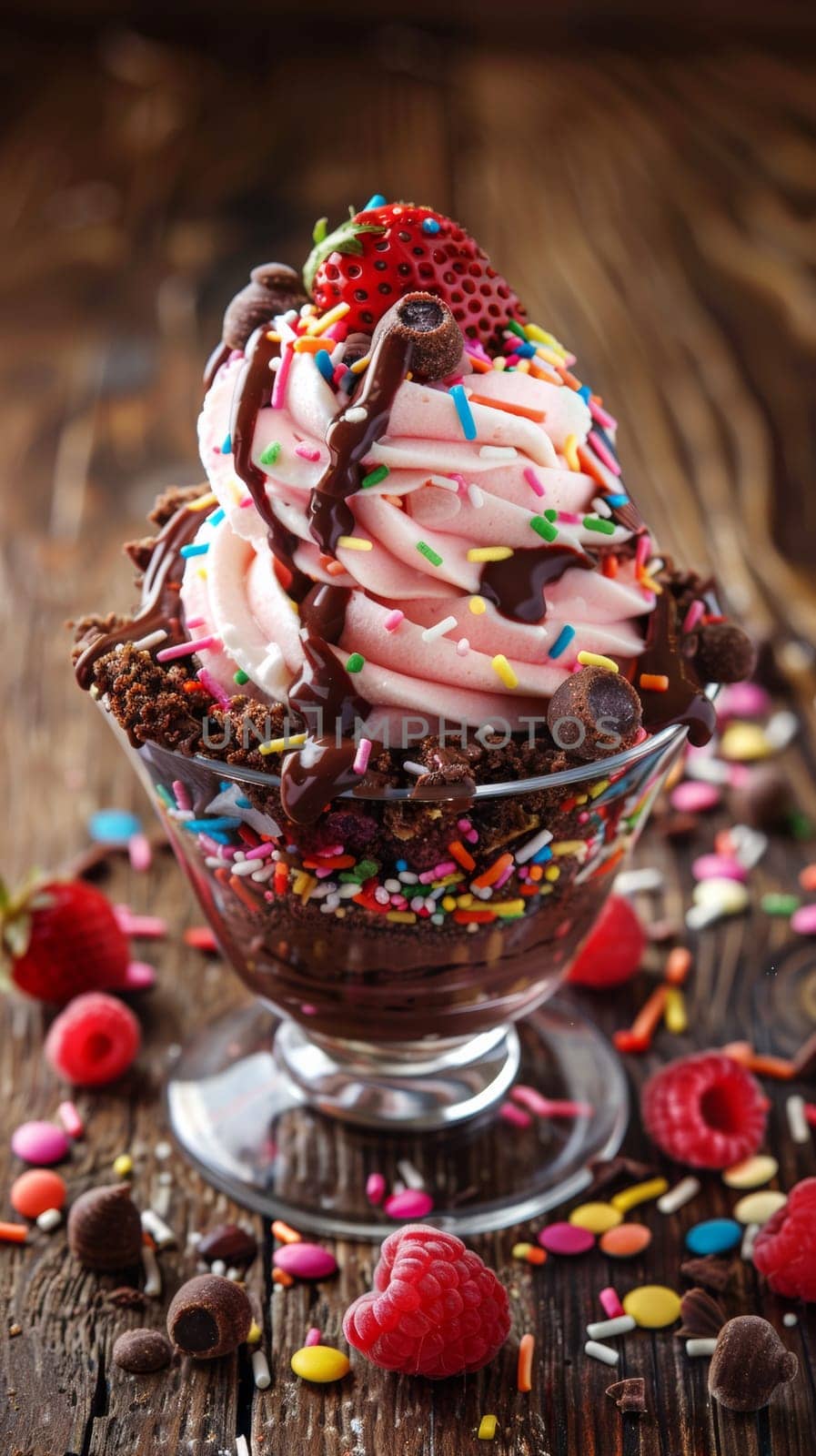 A dessert with chocolate, sprinkles and berries on a wooden table