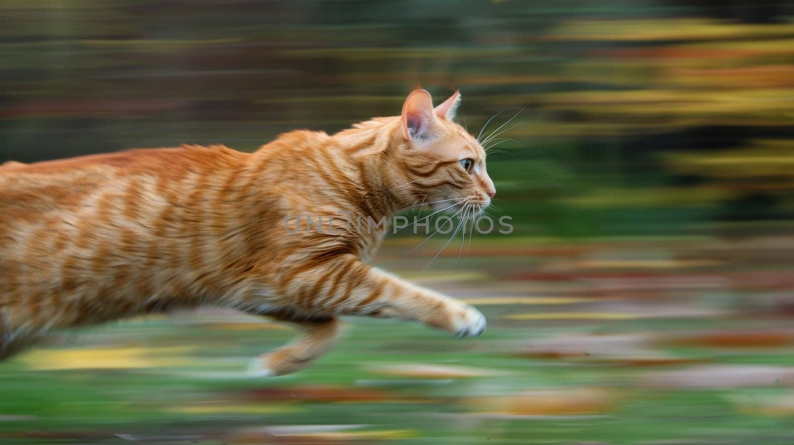 A cat running across a grassy field with blurred background