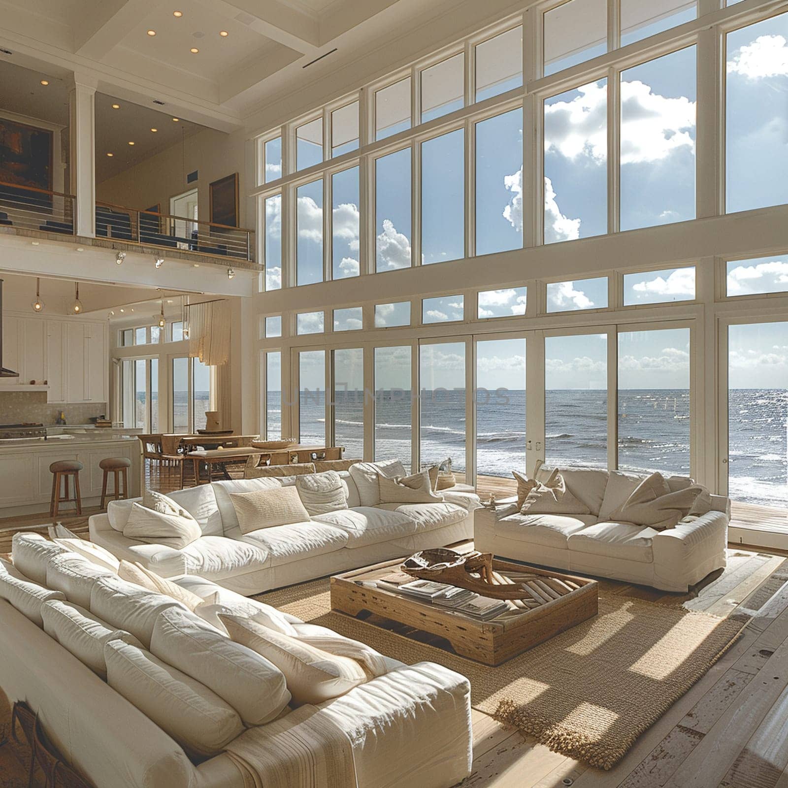 Airy beach house living room with white furniture and ocean viewssuper detailed