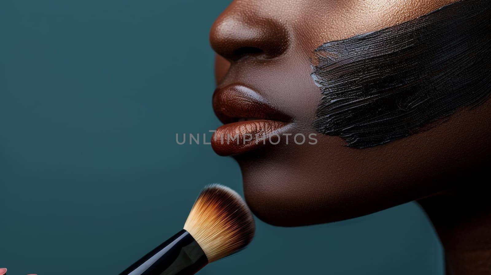 A close up of a woman with black face paint and makeup brush