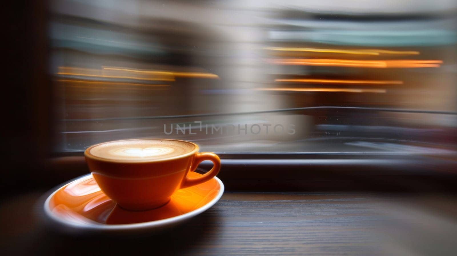 A cup of coffee on saucer sitting in front window