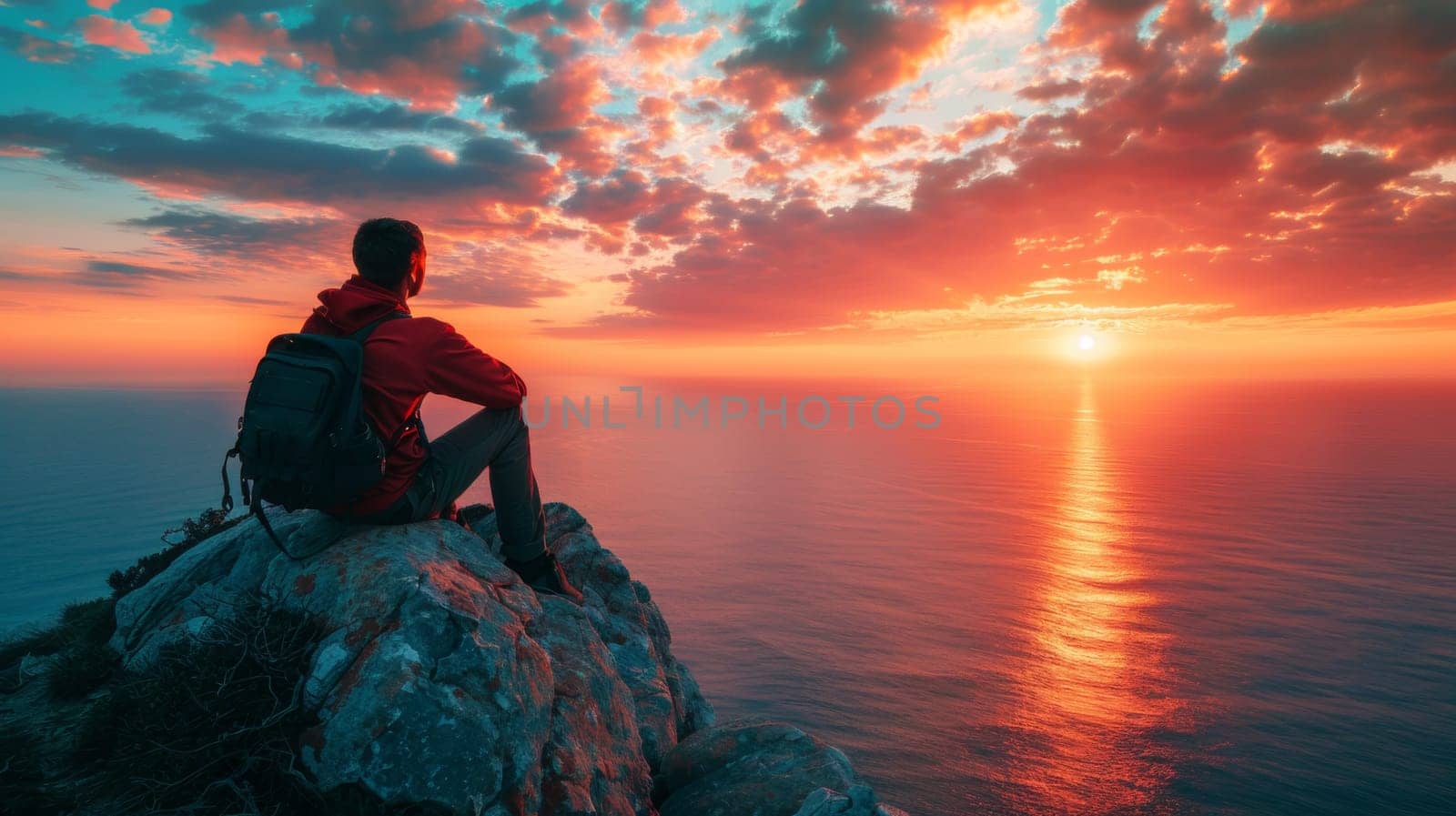 A man sitting on a rock overlooking the ocean at sunset