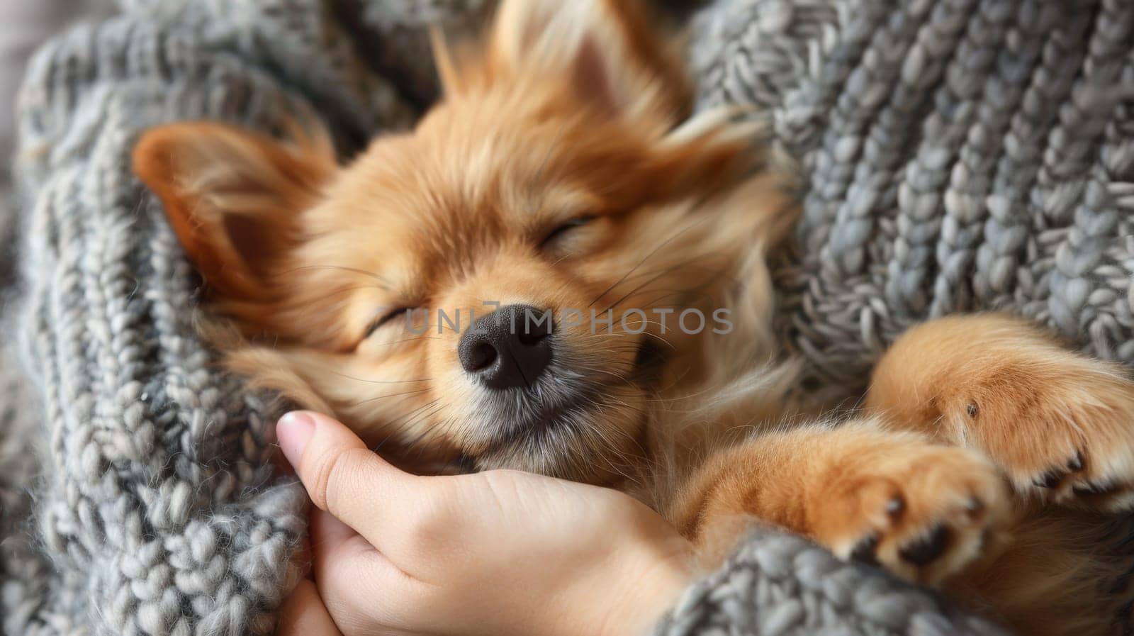 A small dog laying on a person's lap with its eyes closed, AI by starush