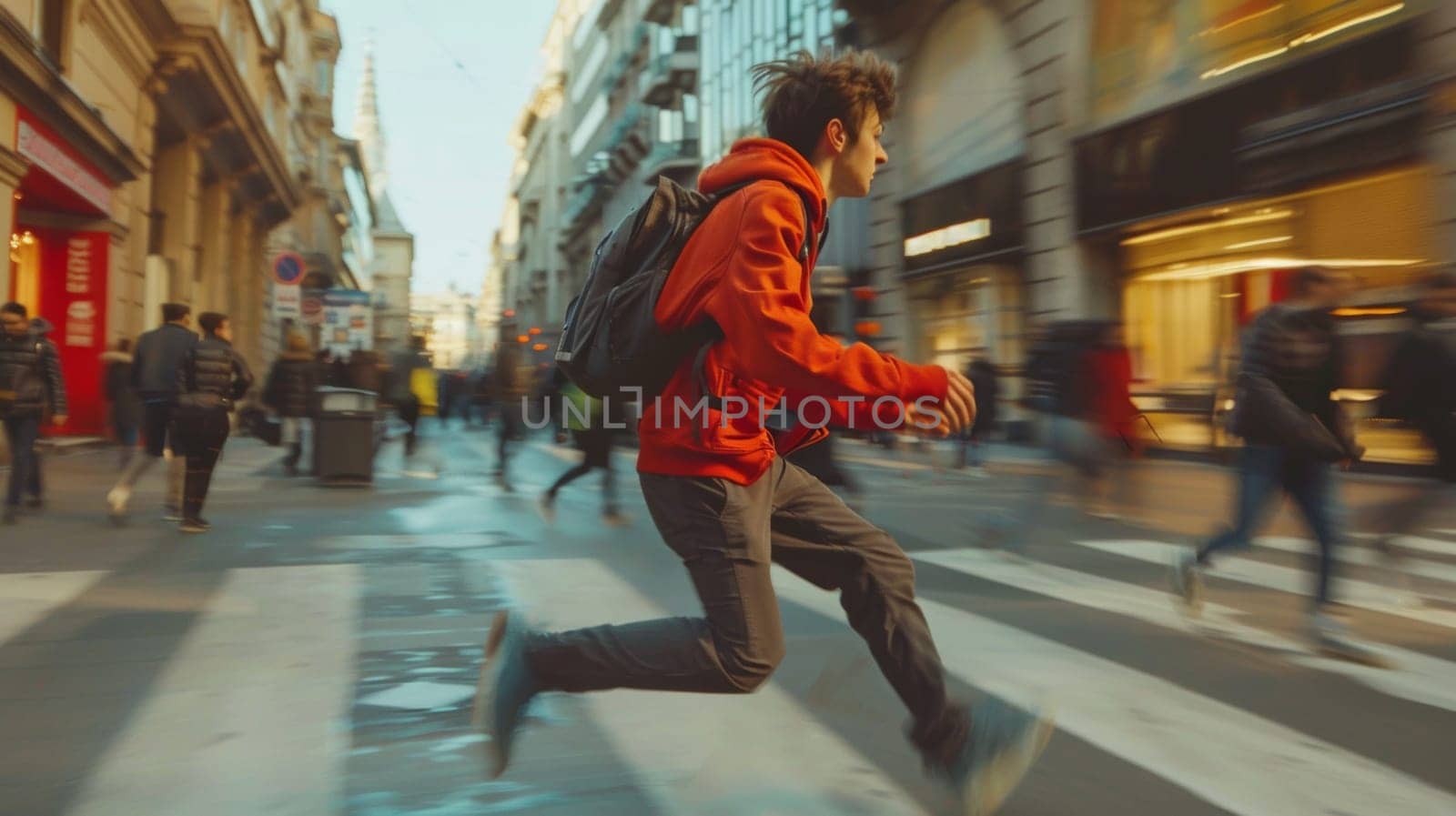 A man in red jacket running down a city street with people walking