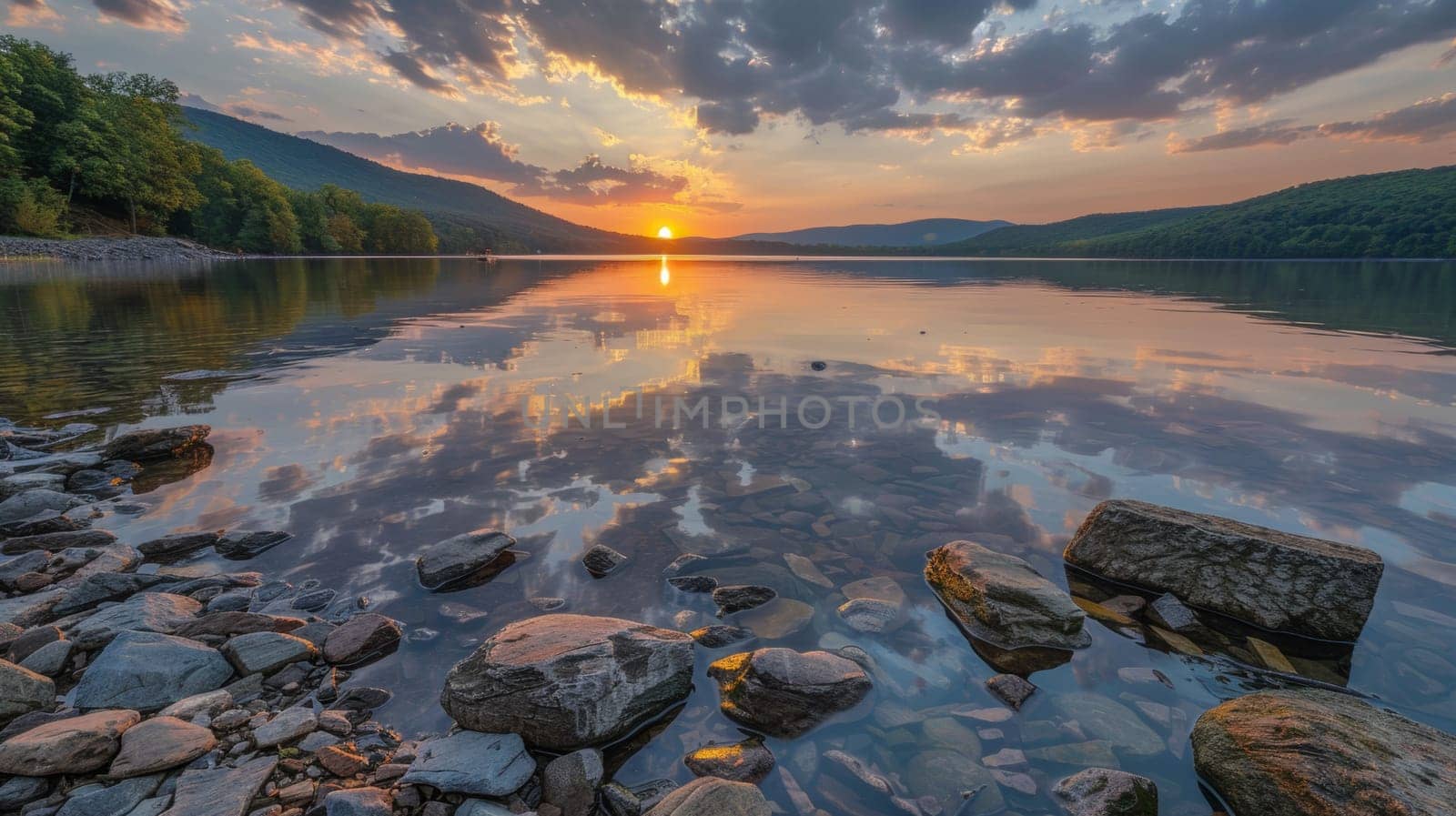A sunset over a lake with rocks and trees in the background, AI by starush