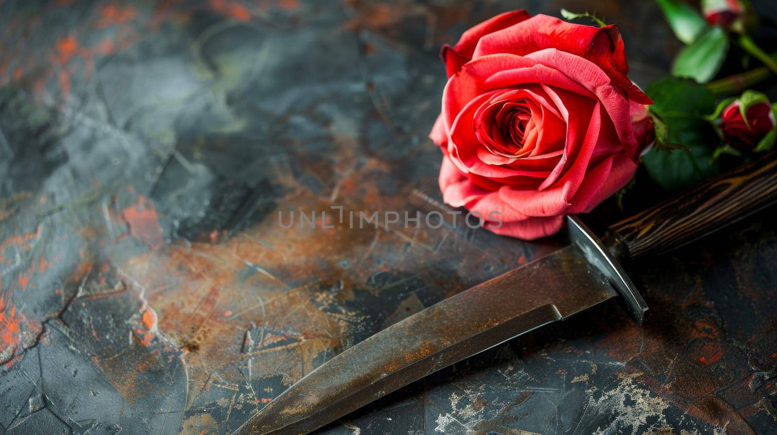 A knife and a rose on the table with some dirt