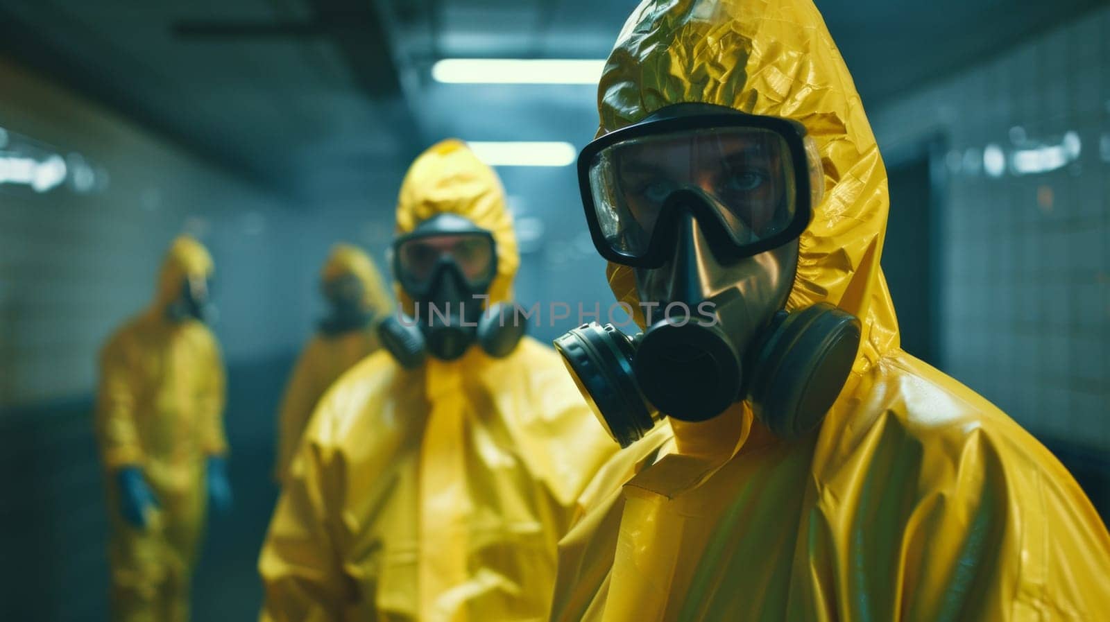 A group of people in yellow hazmat suits and gas masks