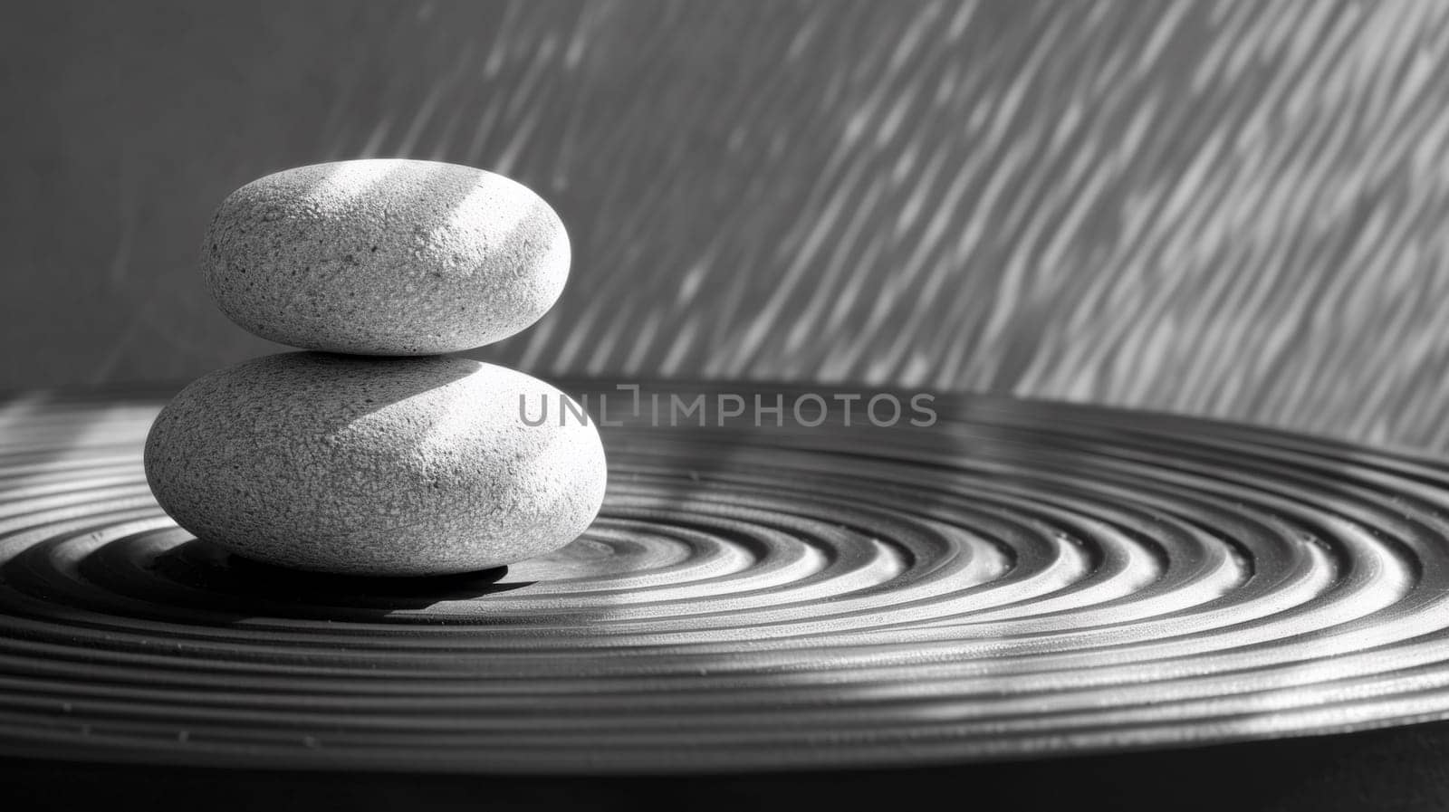 A black and white photo of two rocks sitting on top of a circular table