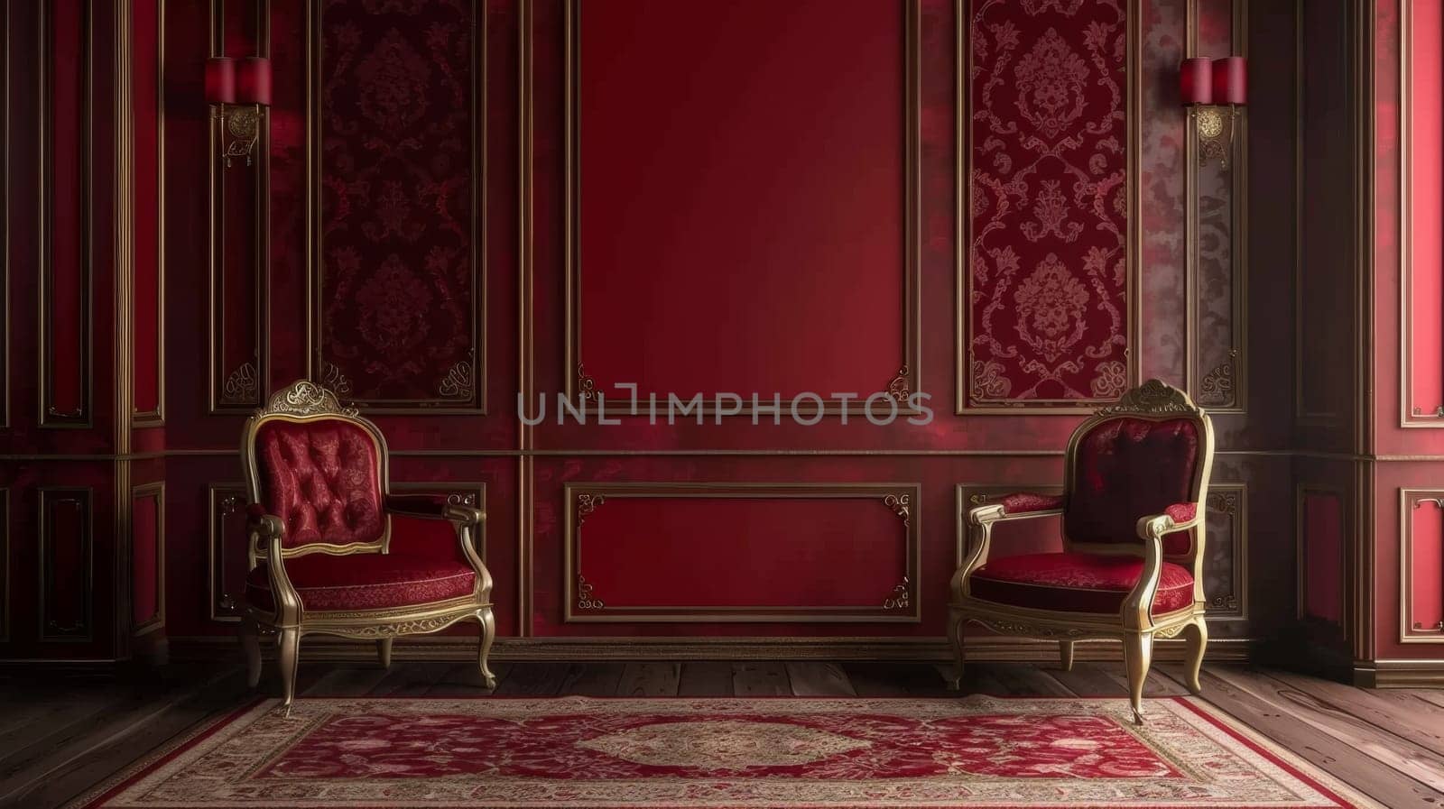 A room with red walls and a carpeted floor has two chairs