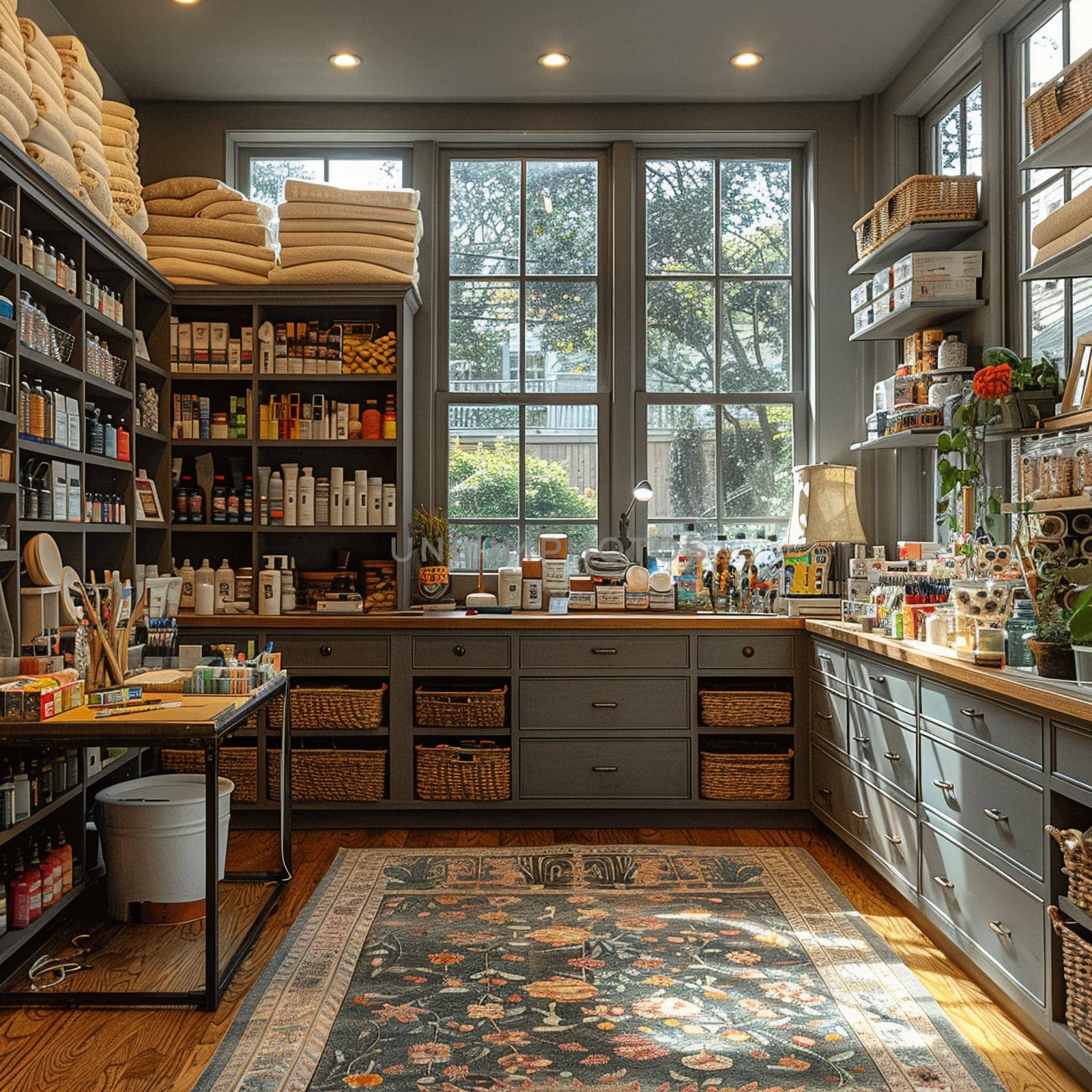 Bright craft room with organized supplies and a large worktable8K