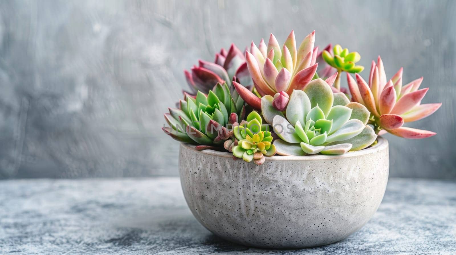 A small pot of succulents on a table with grey background