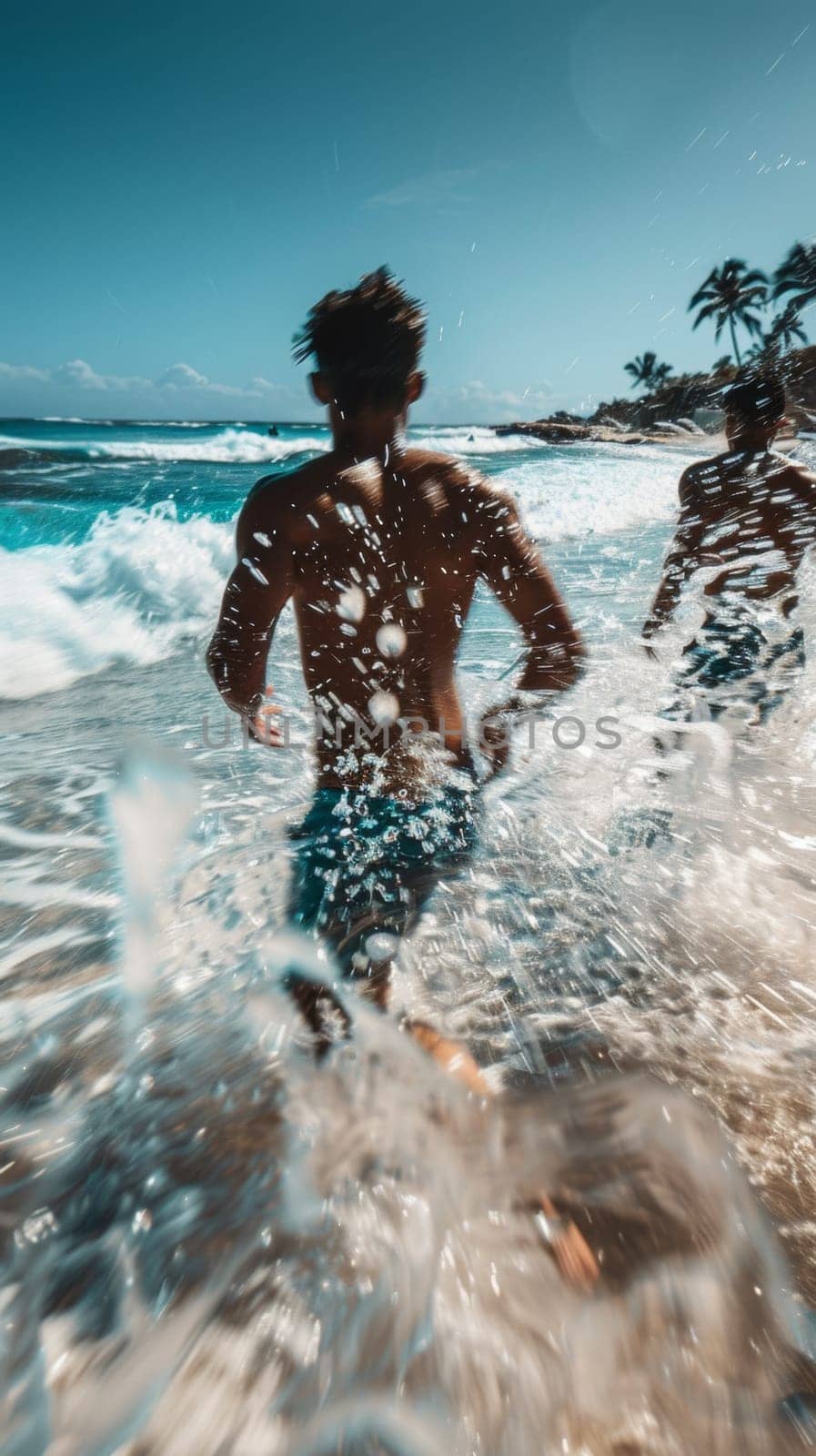 Two men running through the water at a beach