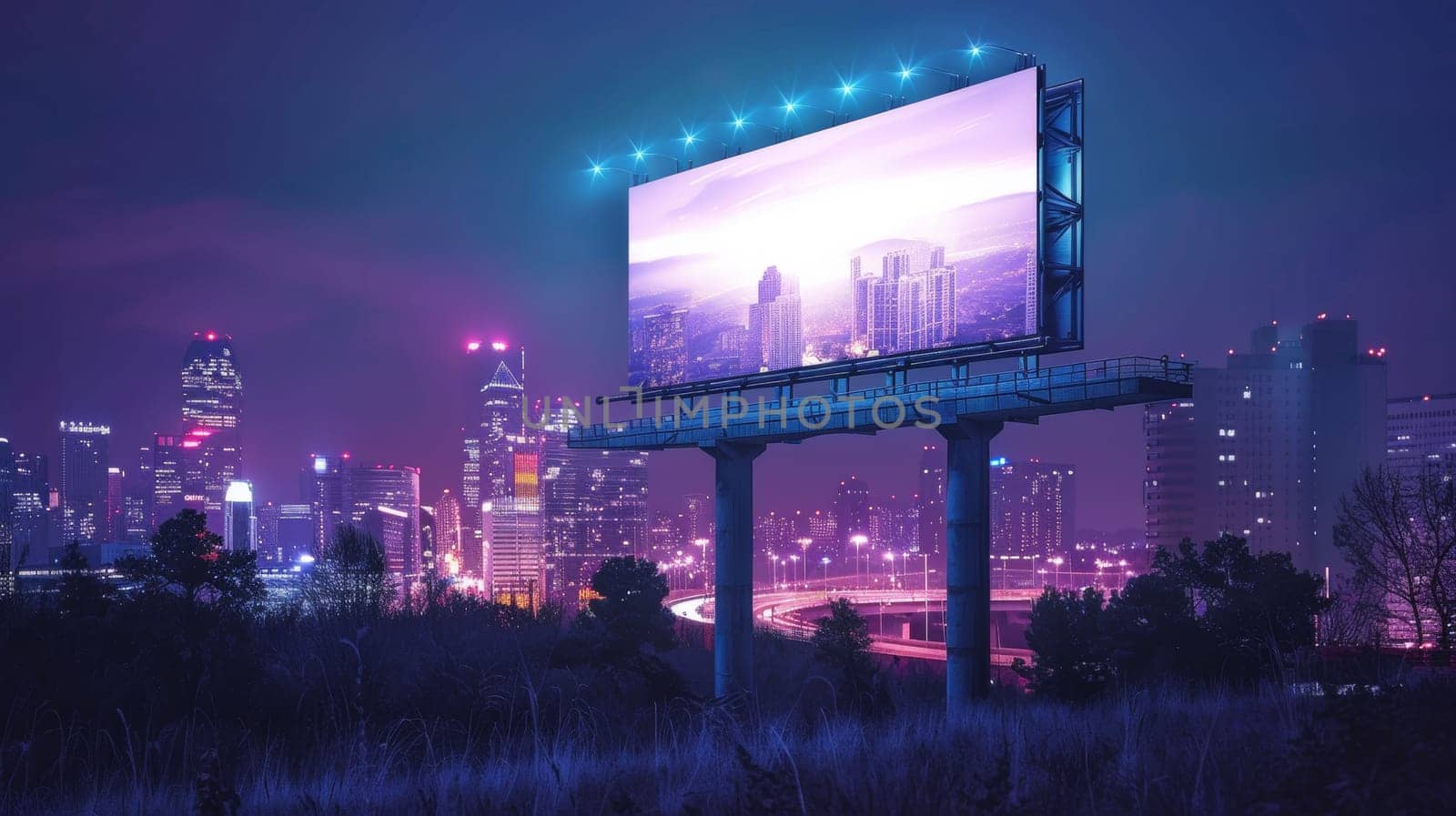 A billboard with a cityscape in the background at night, AI by starush