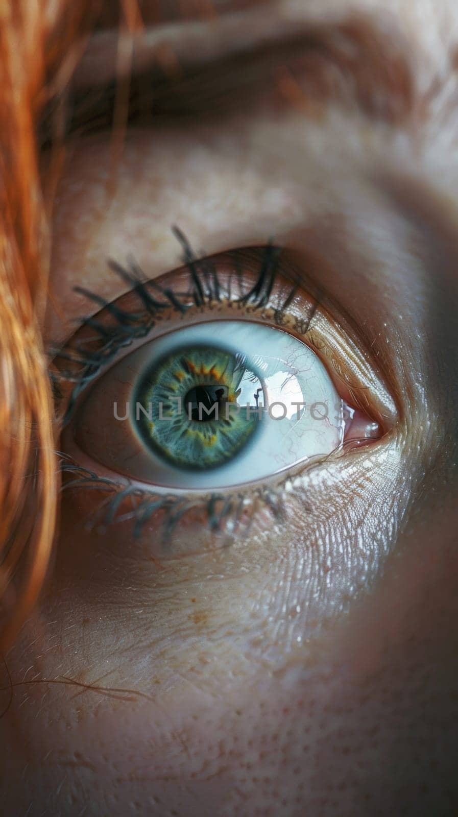 A close up of a woman's eye with red hair and blue eyes